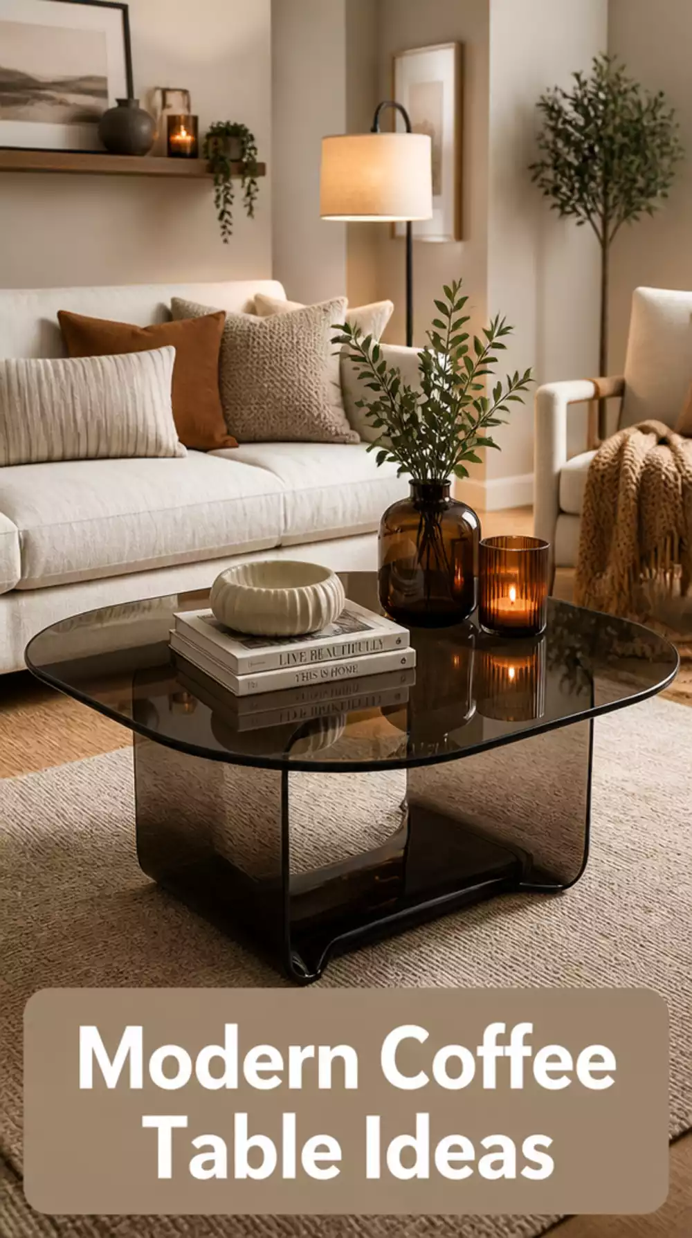 Living Room Smoked Glass Coffee Table in a Dark Small Space That Reflects Warm Light