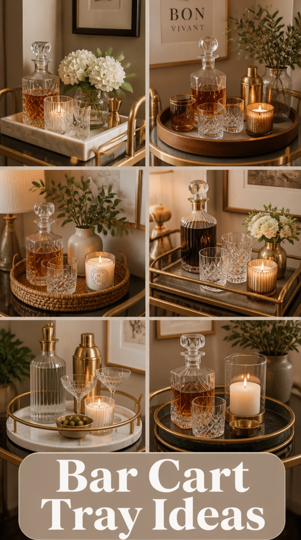 Living Room Bar Cart Tray Arrangement With Candles and Decanters in a Small Room