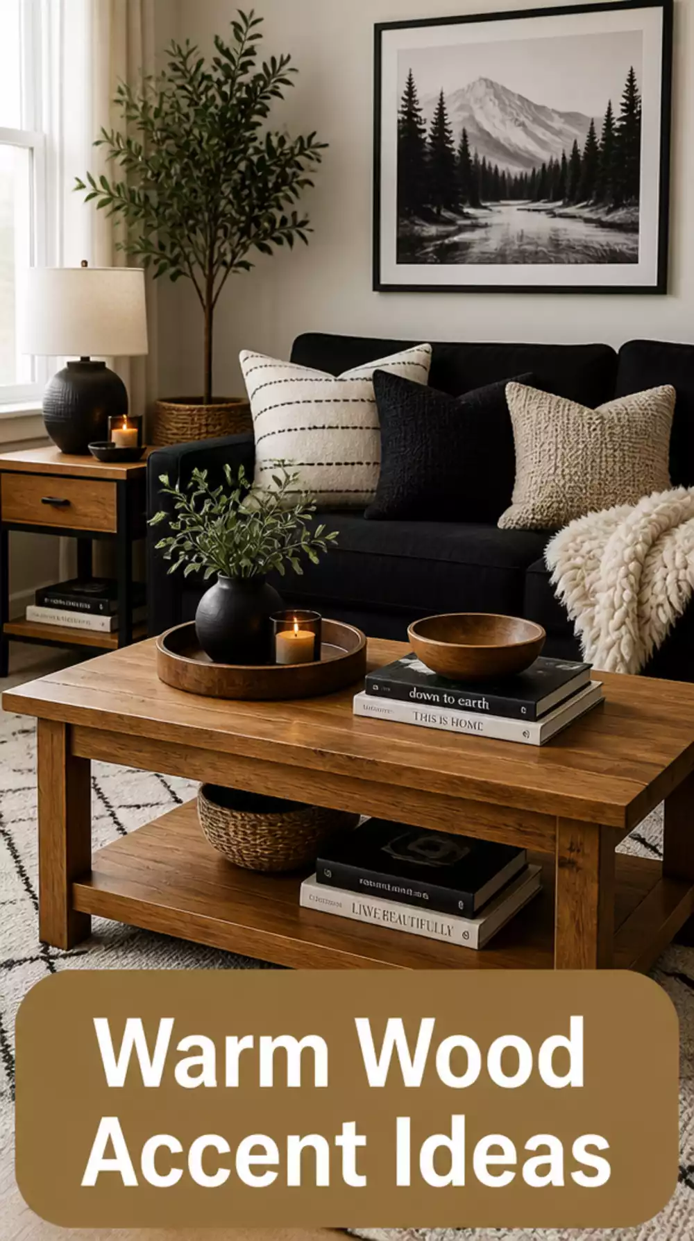 Living Room Warm Wood Accent in a Small Black-and-White Space That Stops the Room From Feeling Cold