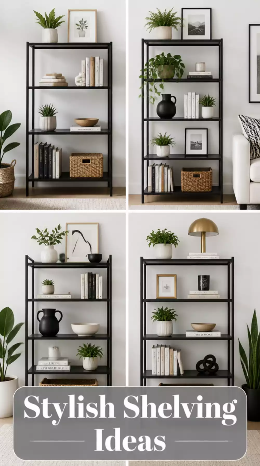 Living Room Black Metal Shelving Unit Against a White Wall in a Small Space That Pops