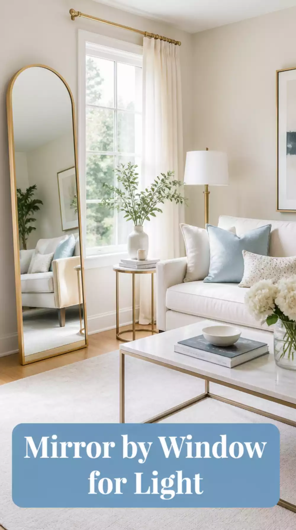 Living Room Arched Full-Length Mirror Beside the Window That Doubles Natural Light in a Tiny Room
