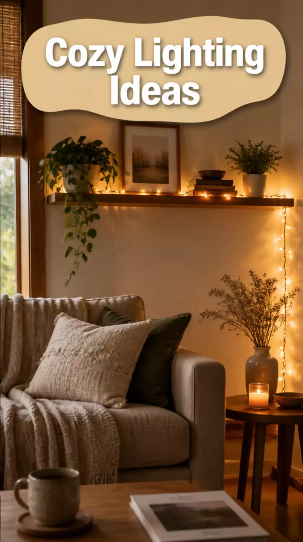 Living Room String Lights Draped Along a Shelf That Give a Small Space a Cozy Evening Glow