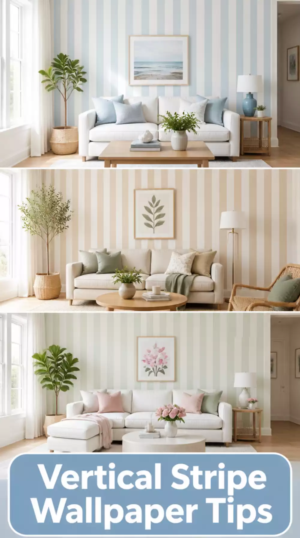 Living Room Vertical Stripe Wallpaper in a Small Space That Draws the Eye Up in a Tiny Room