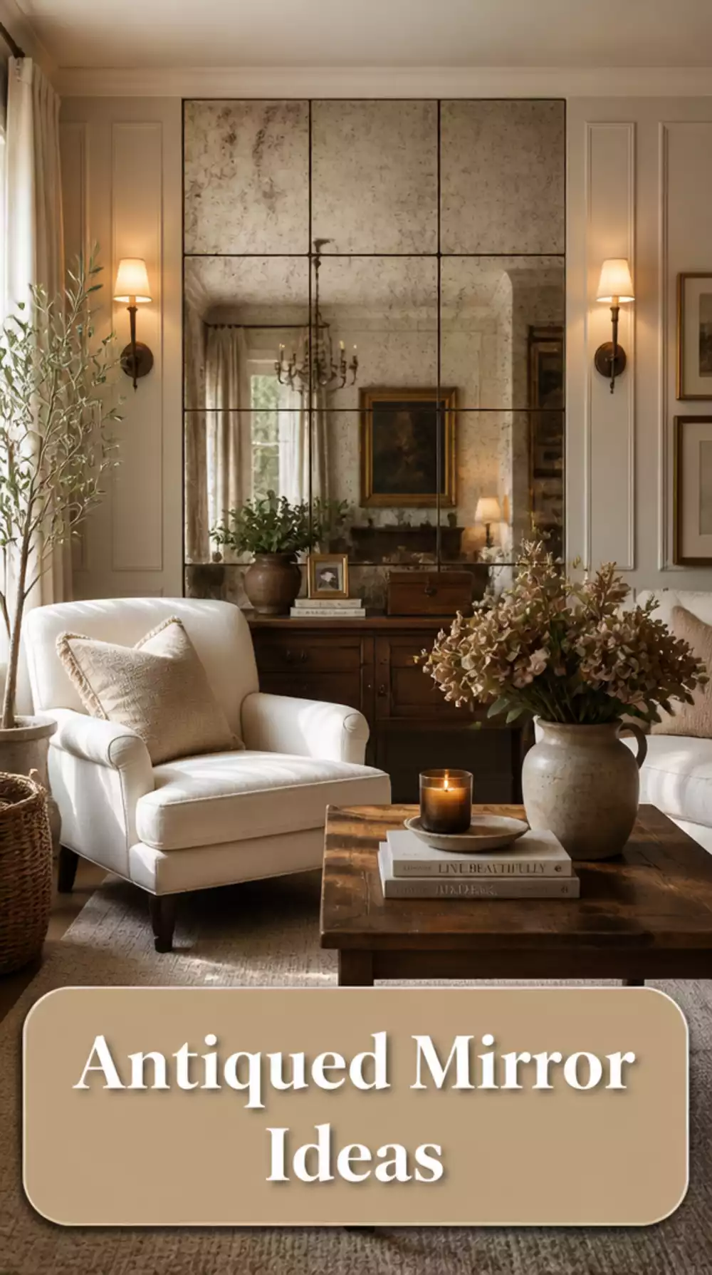 Living Room Antiqued Mirror Panel on a Small Accent Wall That Adds Depth Without Paint