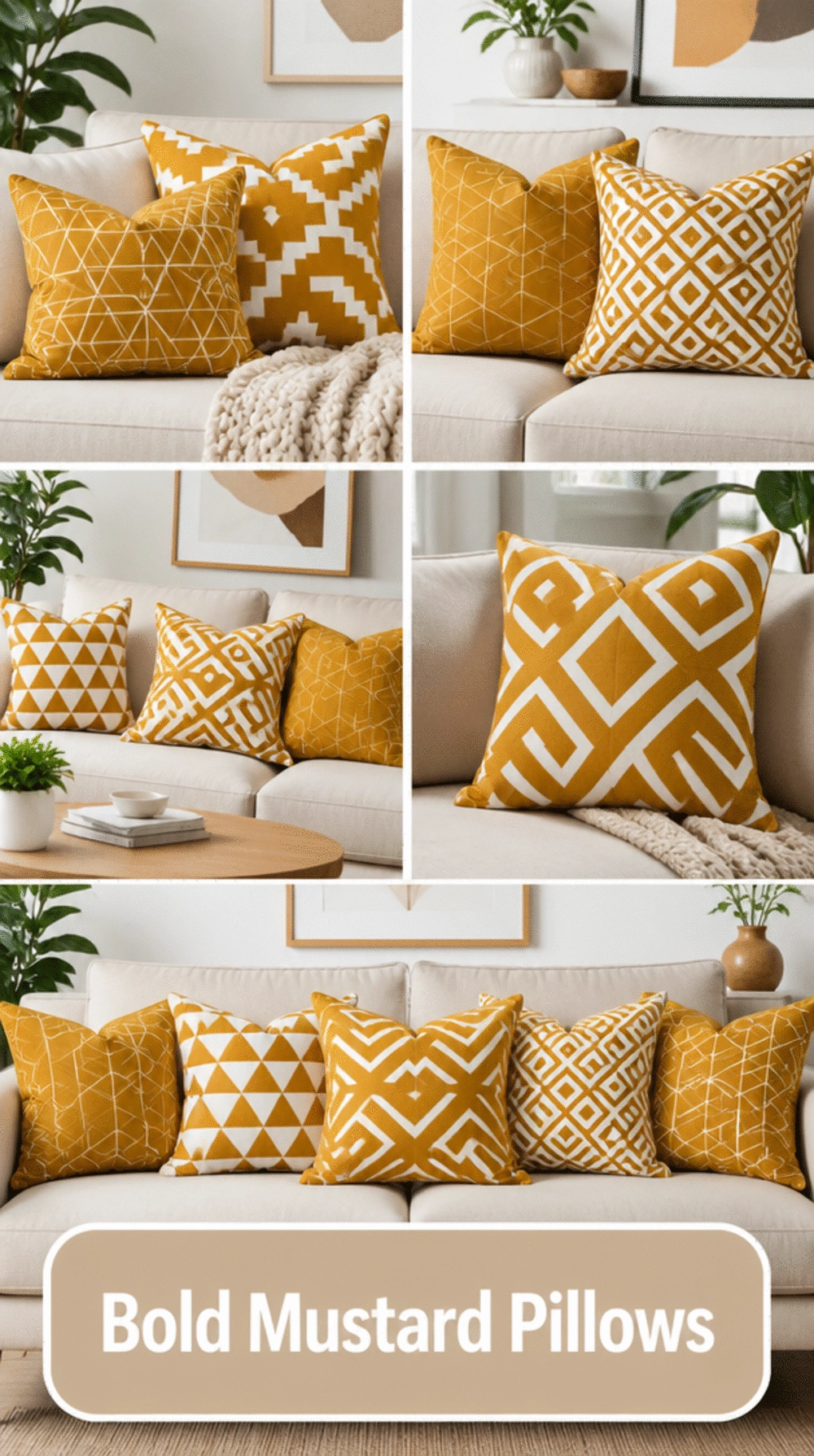 Living Room Geometric Throw Pillow in Bold Mustard That Lifts a Small Neutral Sofa