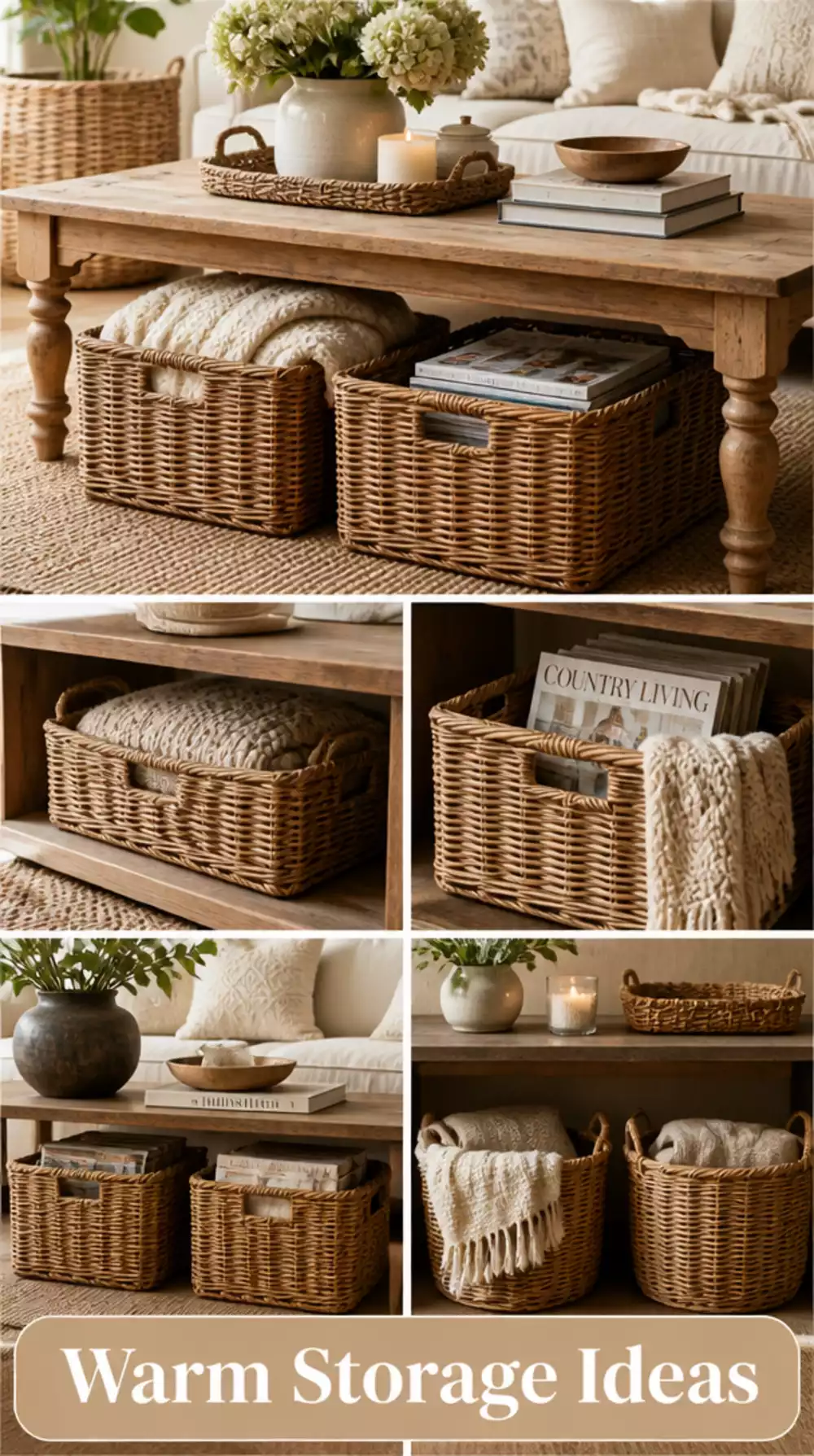 Small Living Room Wicker Basket Under the Coffee Table in a Tiny Cottagecore Space for Warm Storage