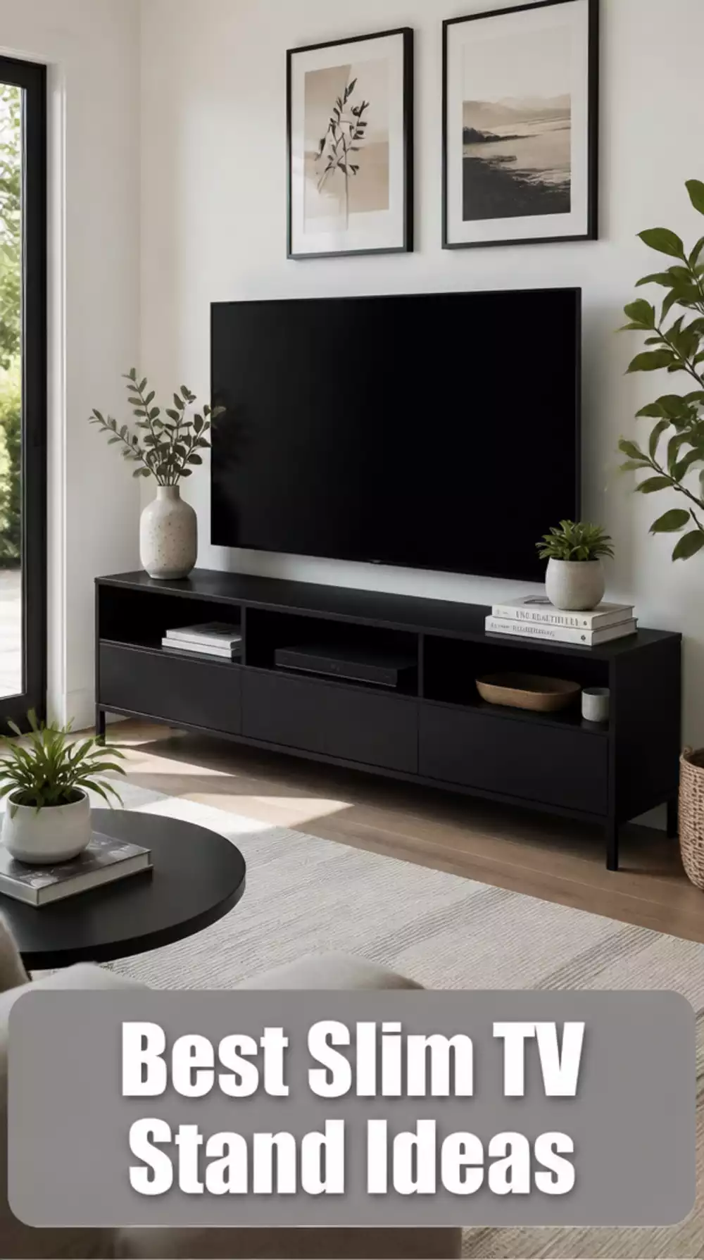 Living Room Slim TV Stand in Matte Black That Anchors a Small Modern Space