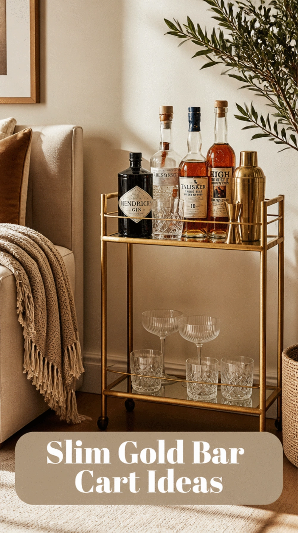 Small Living Room Slim Gold Bar Cart That Slots Into a Tiny Corner Without Crowding