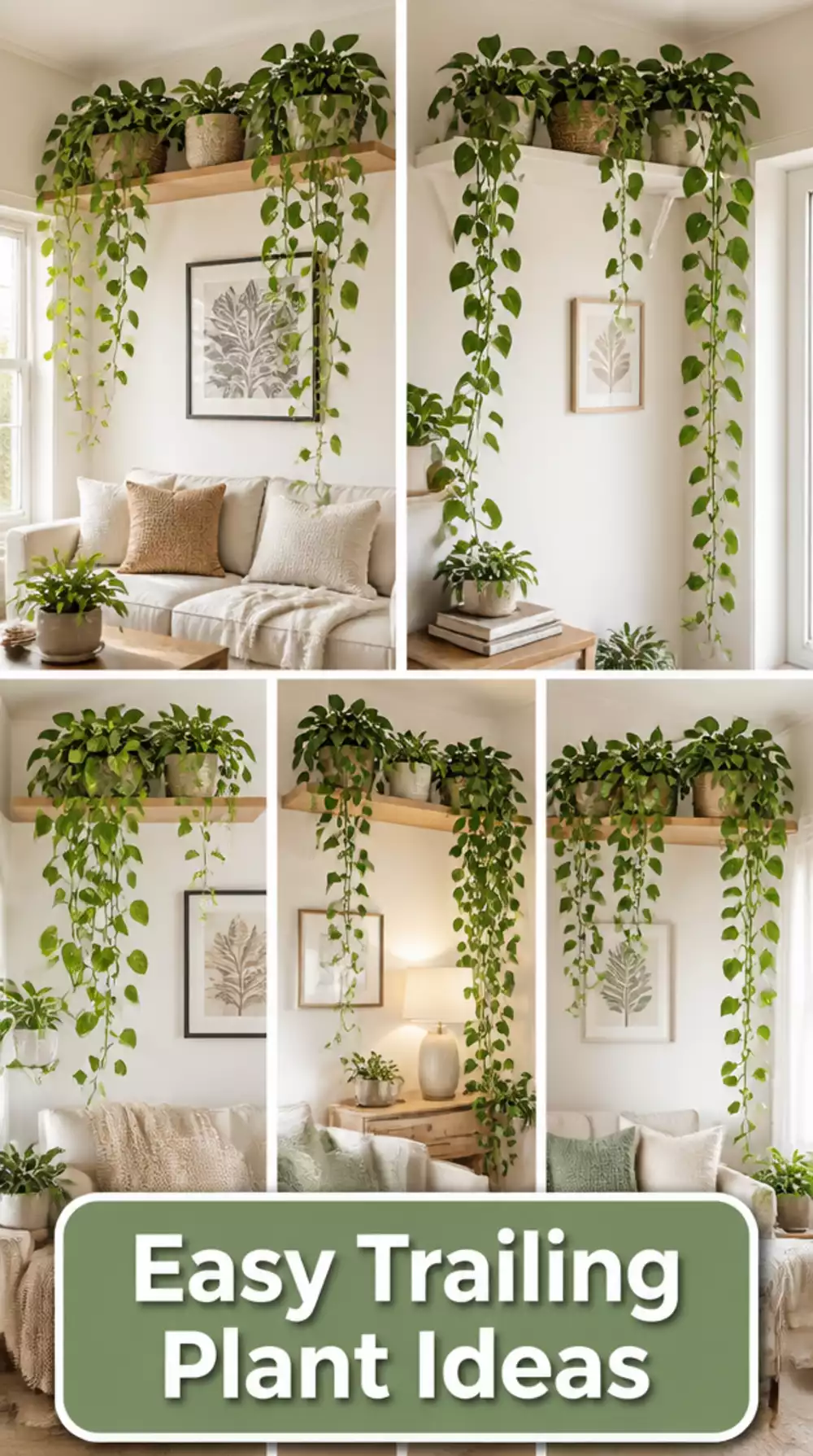 Living Room Trailing Pothos on a High Shelf That Draws Eyes Up in a Small Space