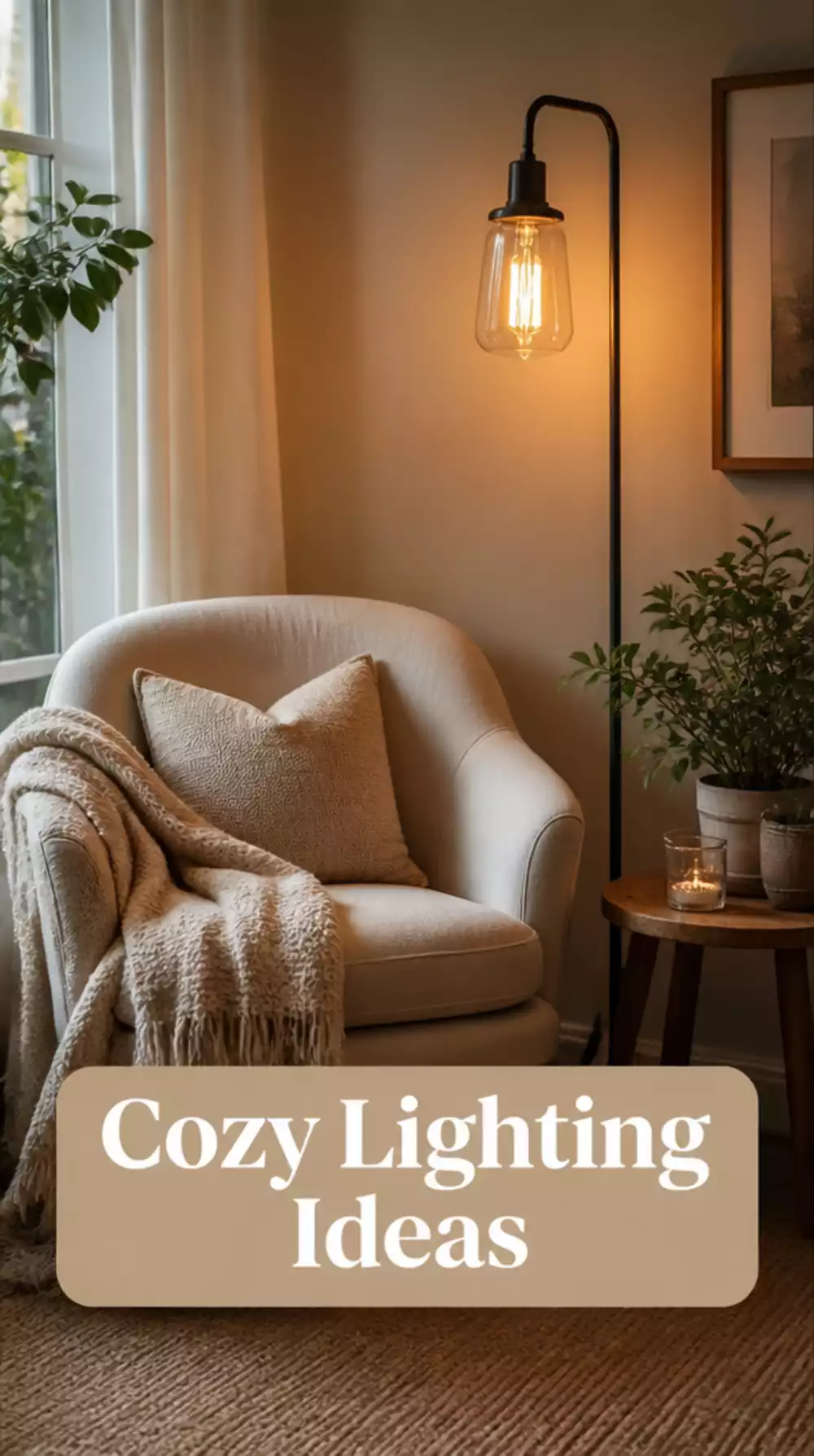 Small Living Room Warm-Toned Edison Bulb Lamp in a Hygge Tiny Space That Replaces Harsh Overhead Light