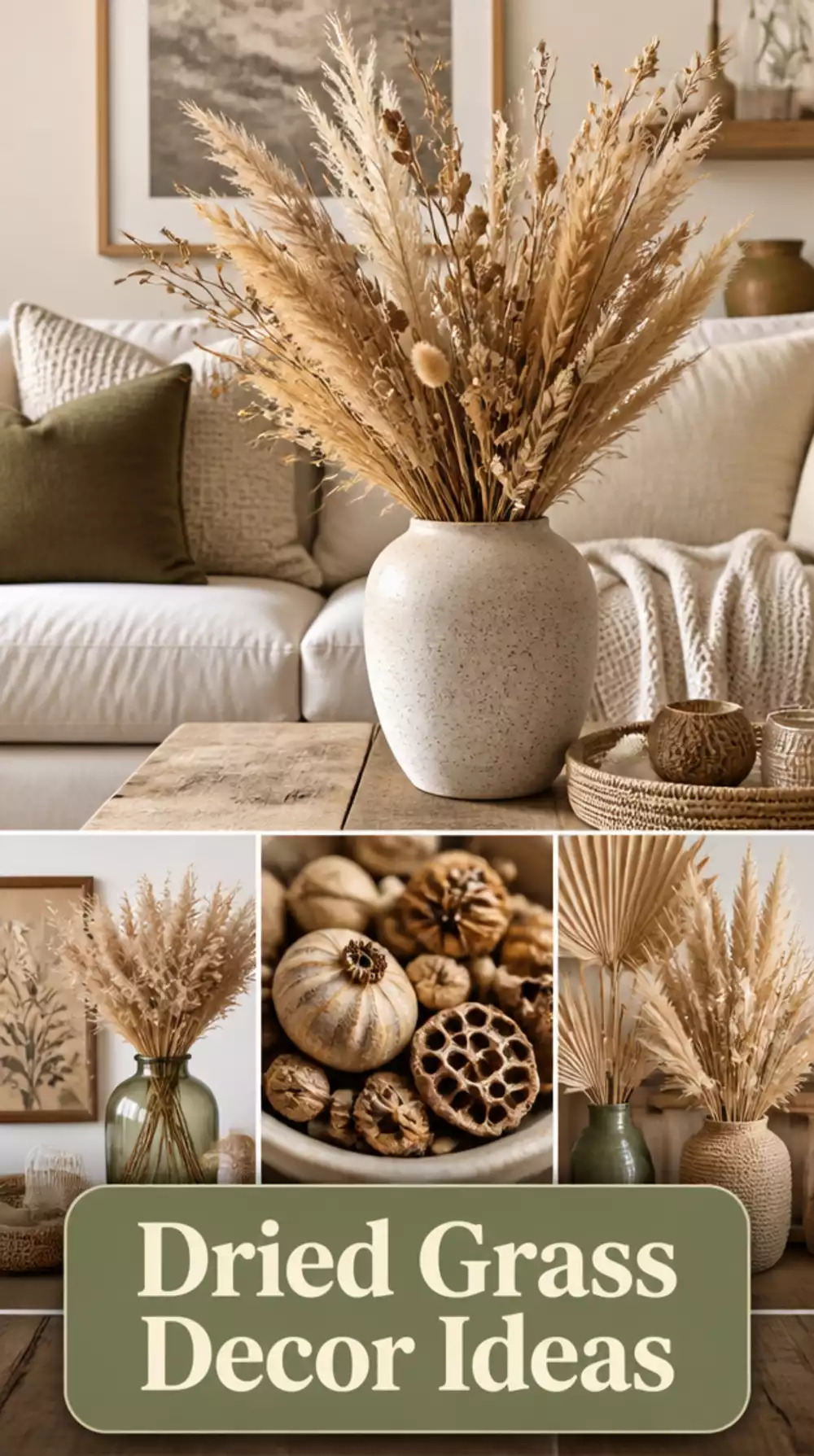 Living Room Dried Grass and Seed Pod Arrangement in a Small Earthy Space That Costs Nothing