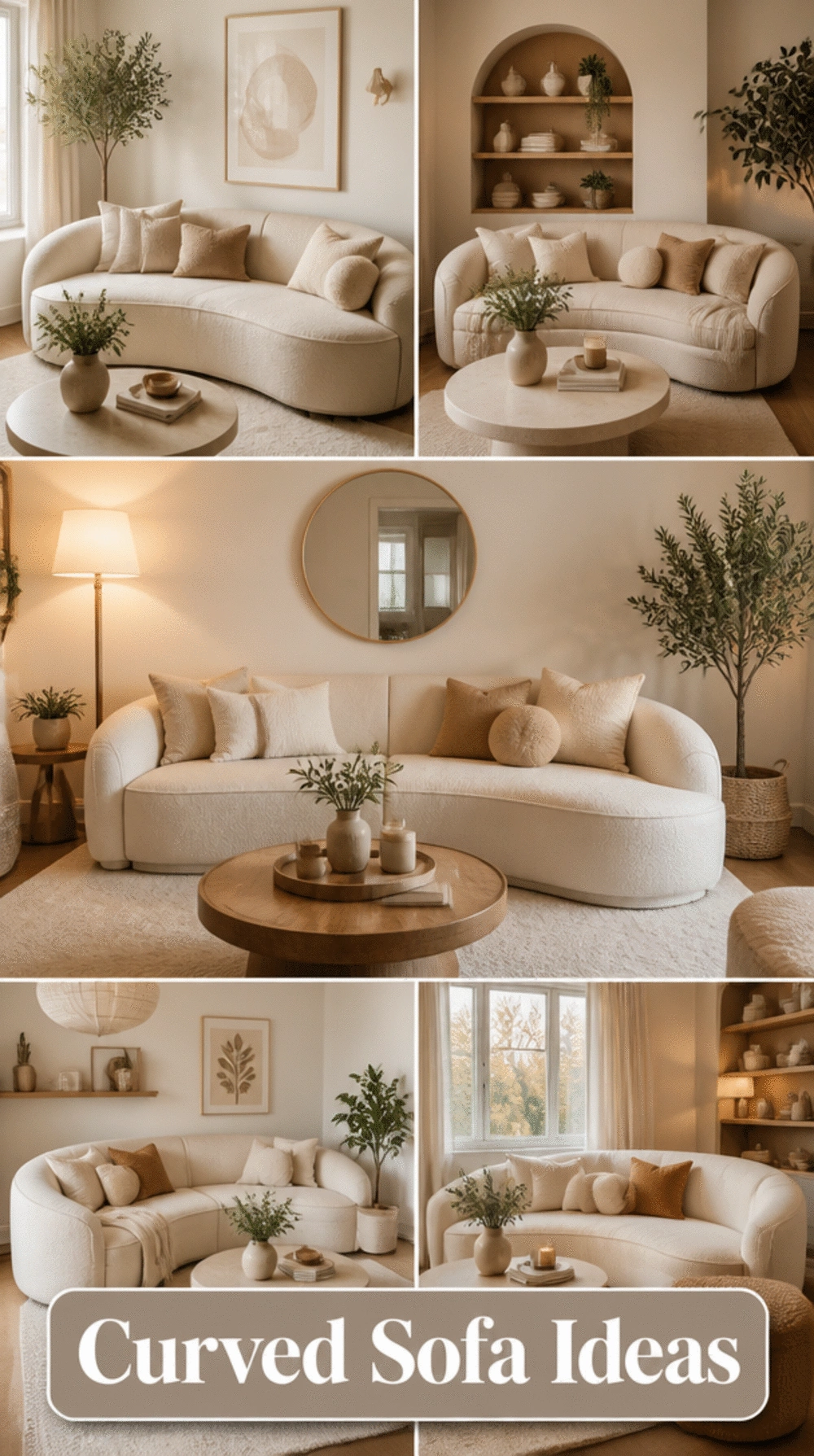 Living Room Curved Sofa in Warm Cream for a Small Space That Feels Sculptural and Cozy