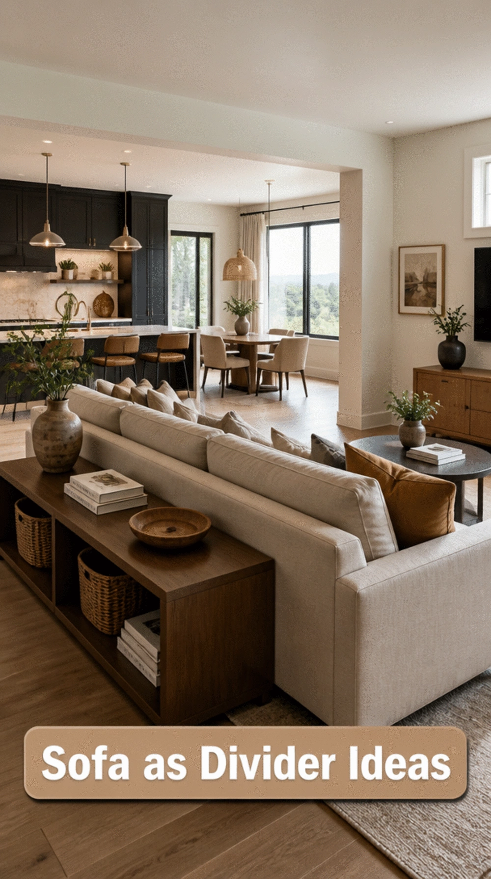 Living Room Sofa Back Used as a Zone Divider in a Small Open-Concept Apartment Layout