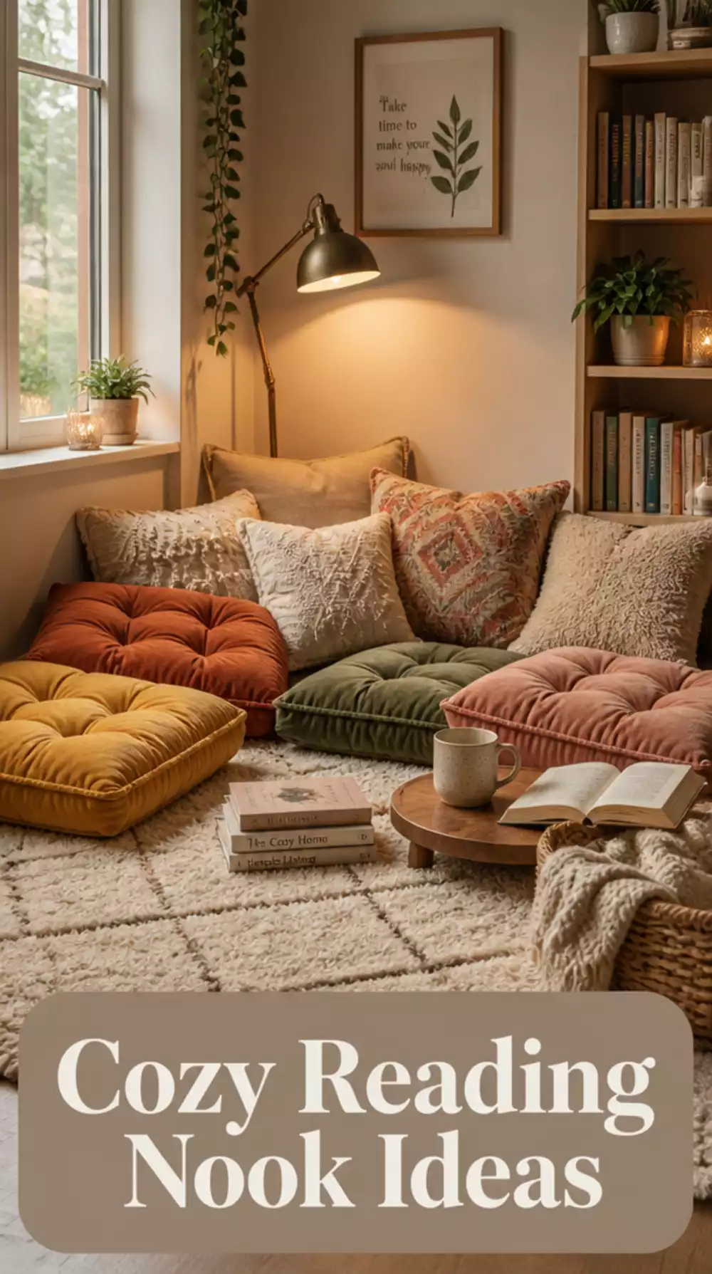 Living Room Floor Cushion Reading Nook in a Tiny Corner With a Warm Task Lamp