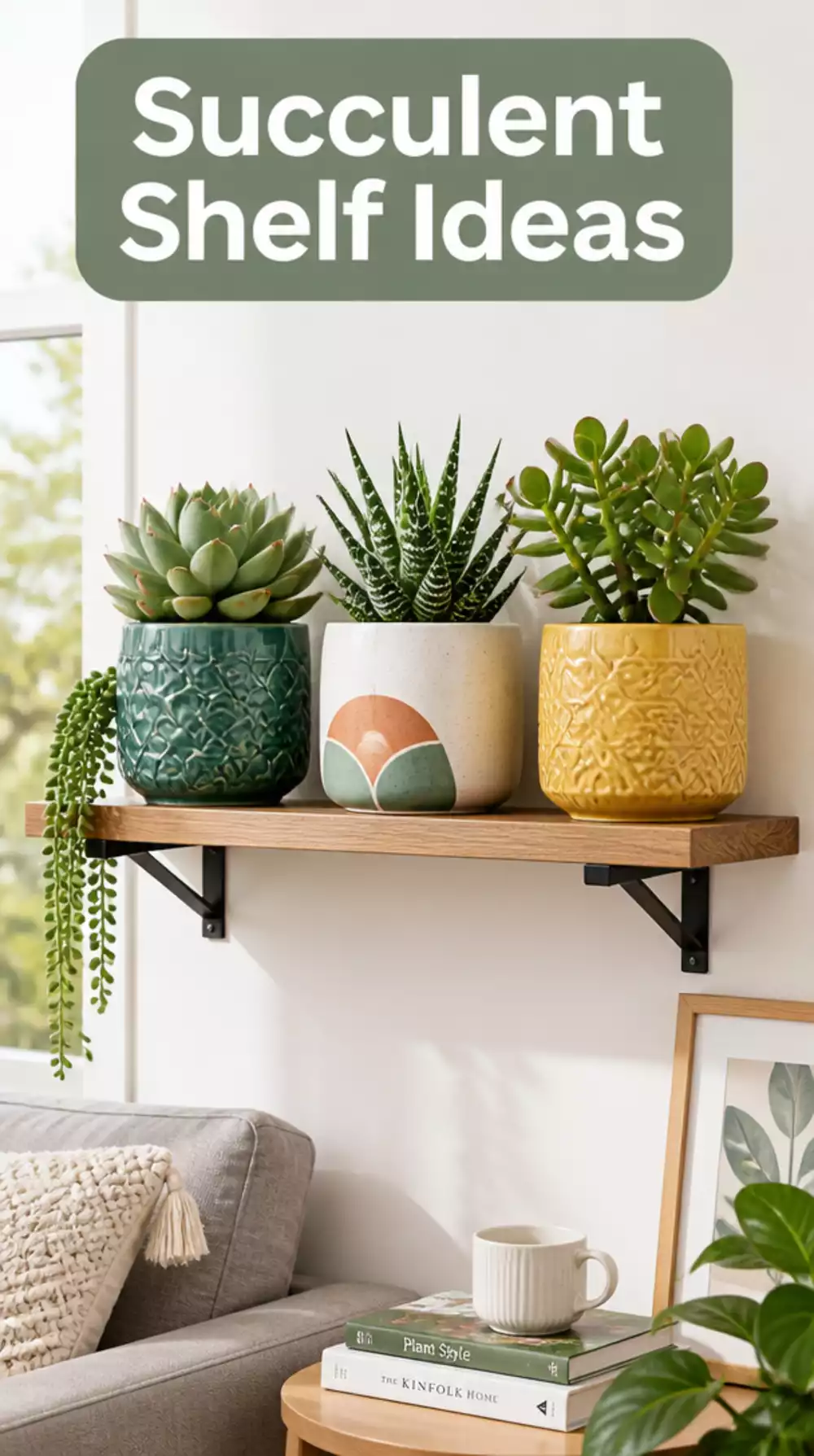 Living Room Plant Wall Shelf With Three Potted Succulents for a Small Green Display