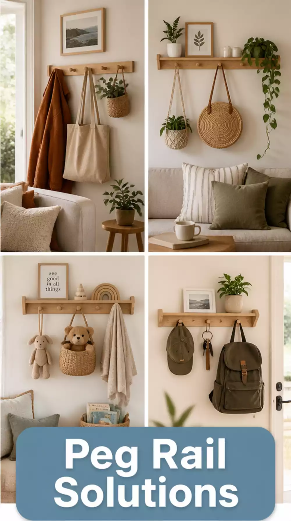 Small Living Room DIY Peg Rail Along One Wall That Solves Clutter in a Tiny Apartment