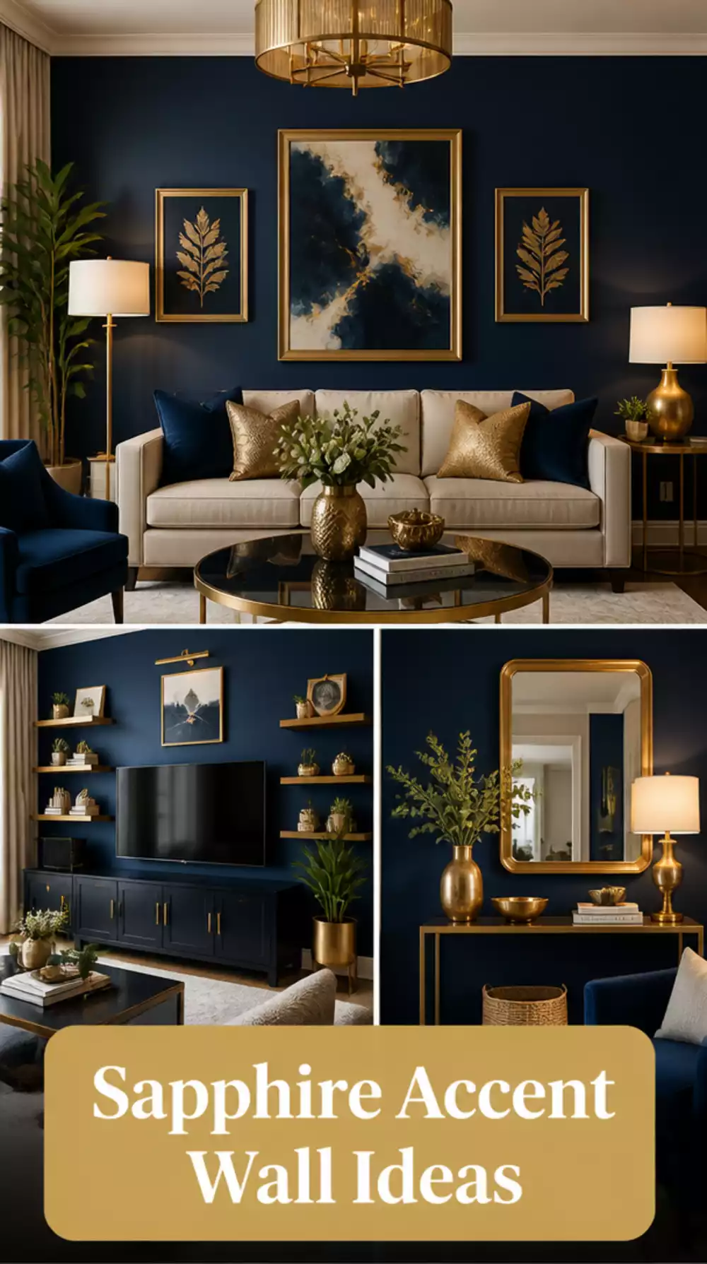 Small Living Room Deep Sapphire Accent Wall With Gold Frame Art That Makes a Tiny Space Feel Opulent