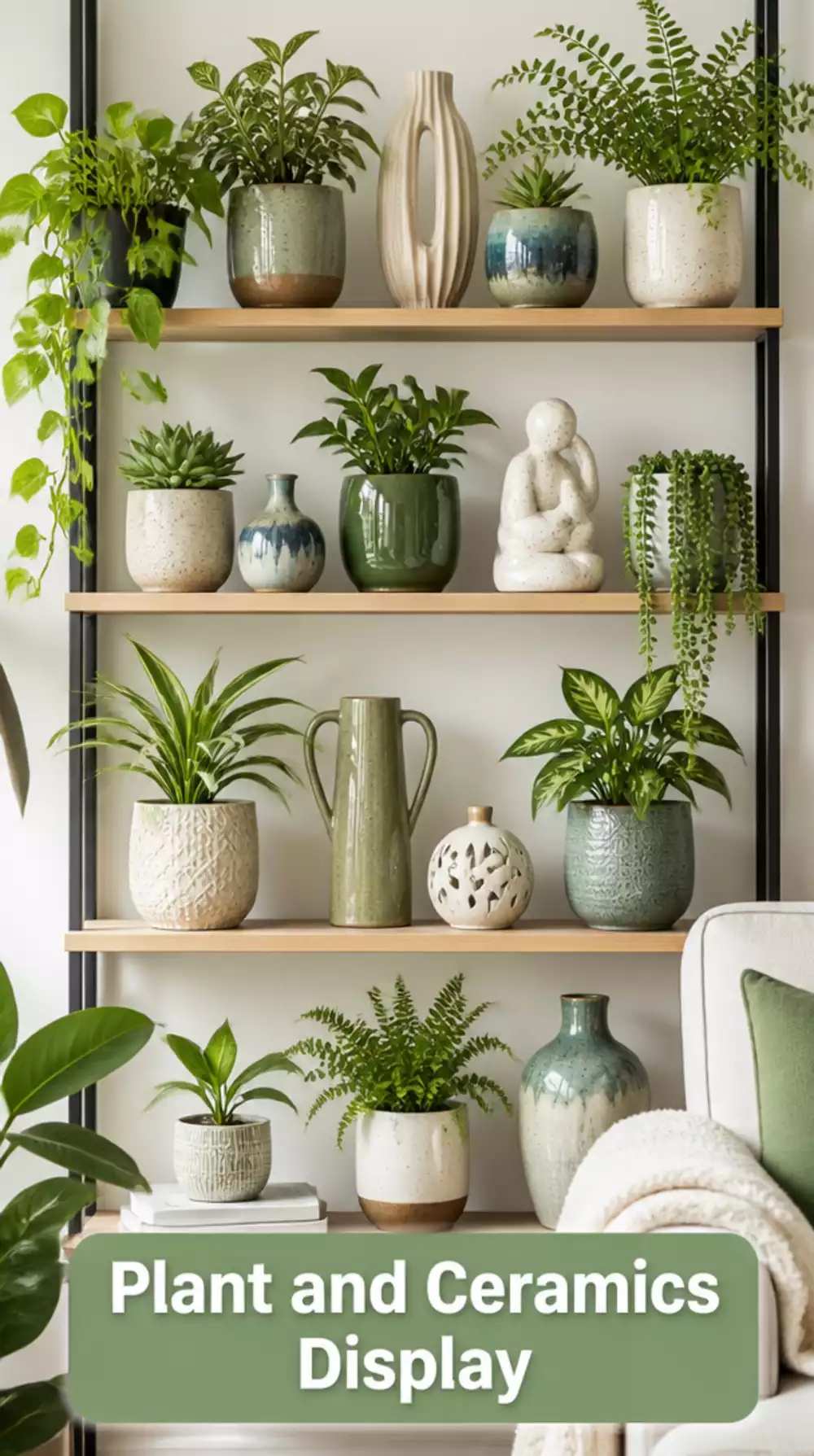Small Living Room Open Shelf Plant and Ceramics Grouping That Adds Life to a Tiny Wall Display