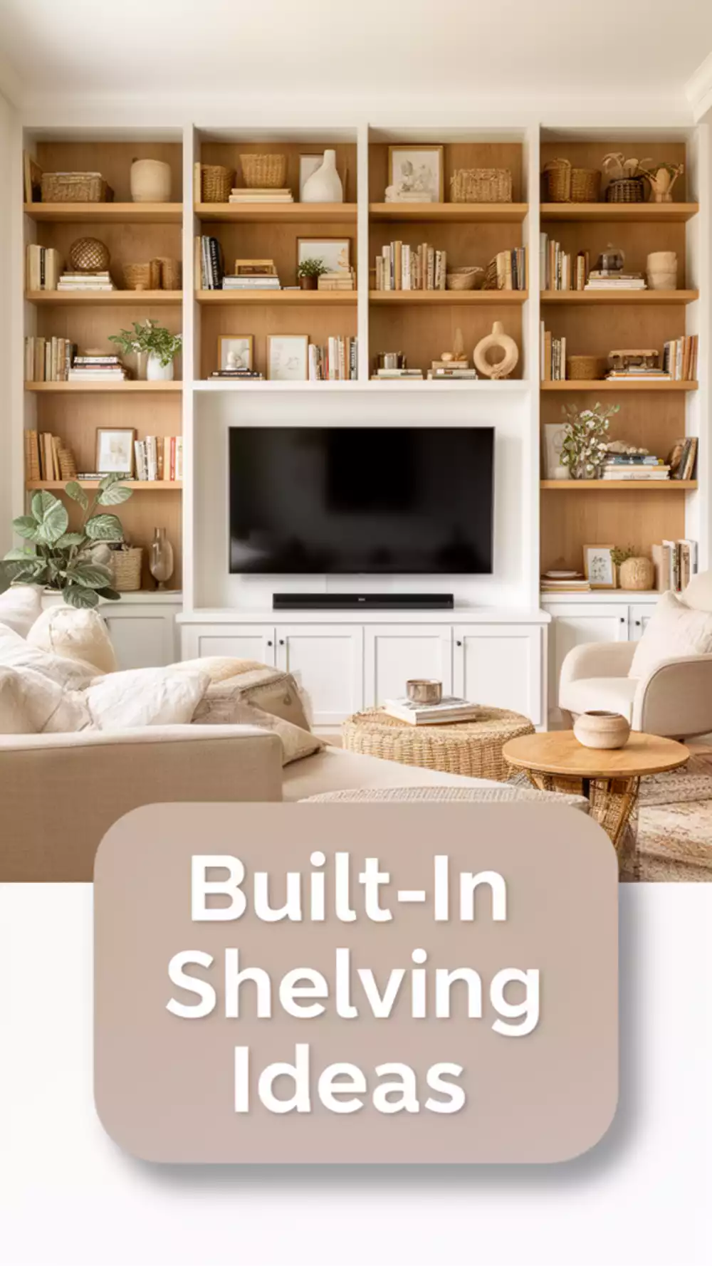Living Room Built-In Shelving Unit Around the TV That Makes a Small Space Feel Custom