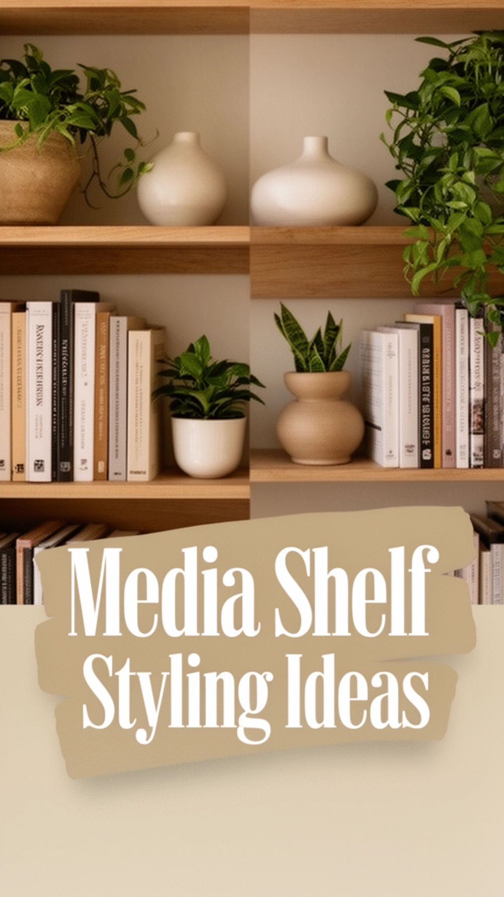 Living Room Media Shelf Styled with Books, Plants, and Simple Ceramic Objects