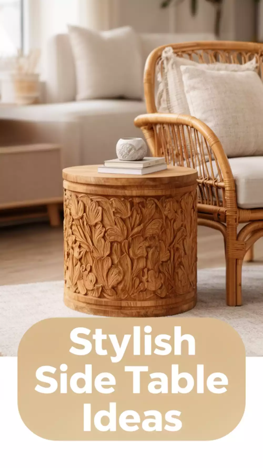Stylish Carved Wooden Side Table Beside Rattan Accent Chair