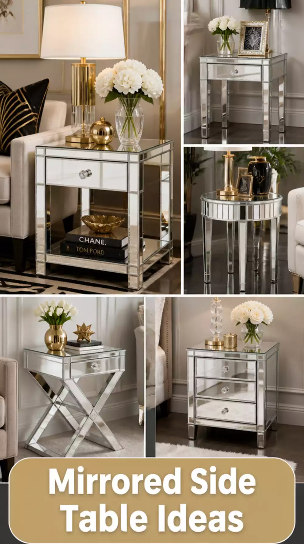 Living Room Mirrored Side Table in a Small Art Deco Space That Reflects Light and Adds Old Hollywood Glow