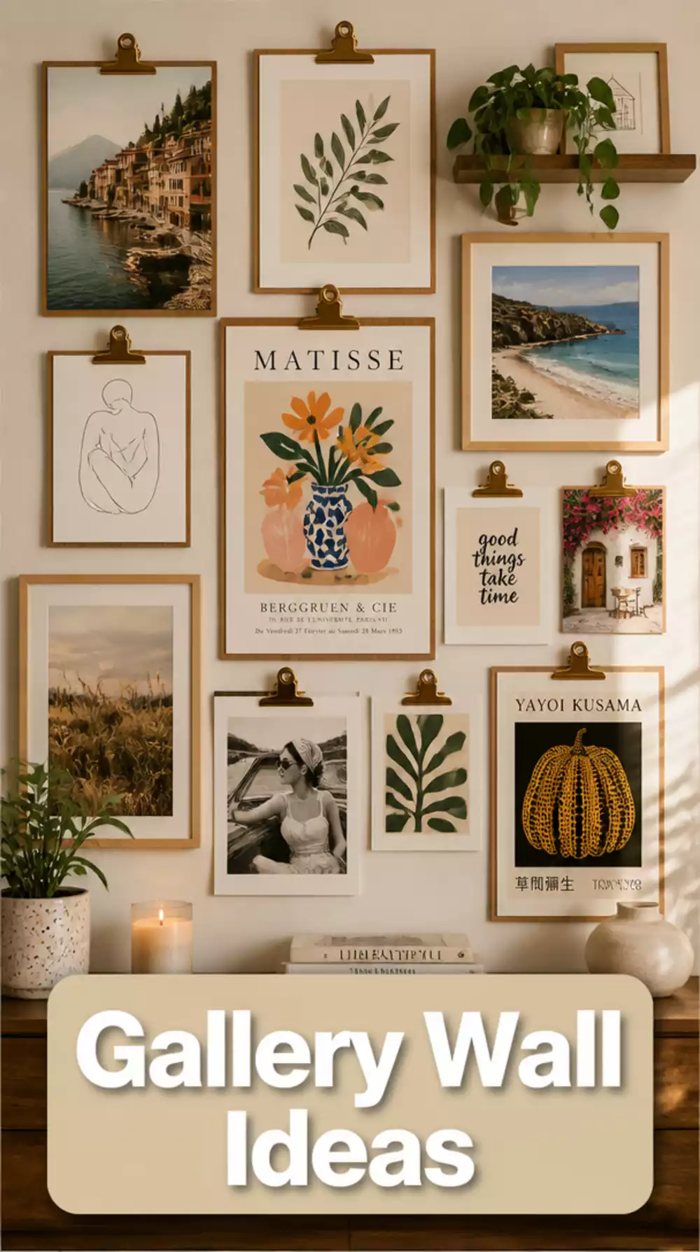 Living Room DIY Gallery Wall Using Clip Frames and Printed Art in a Small Compact Space