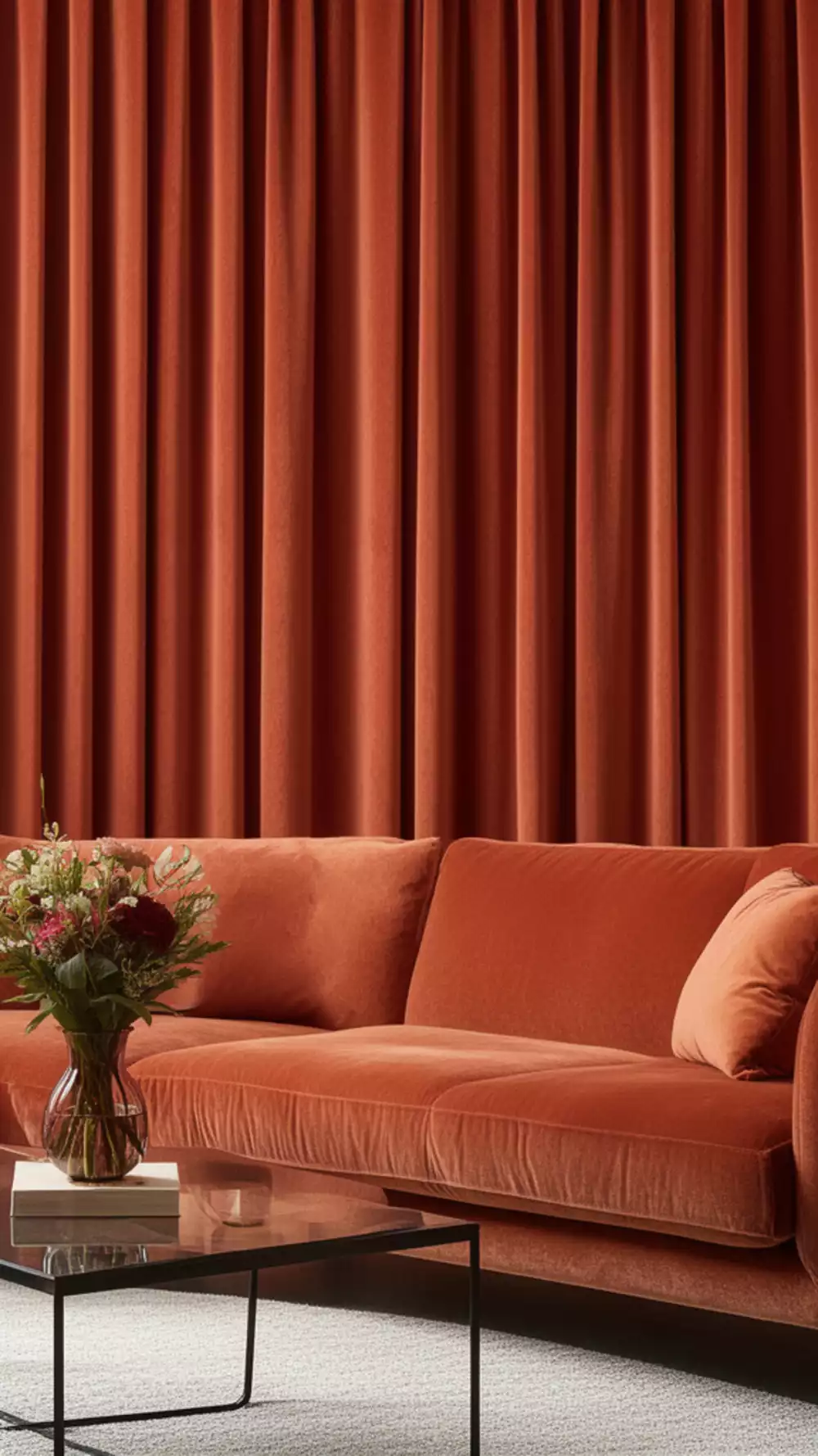 Warm Terracotta Velvet Curtains for Cozy Living Rooms