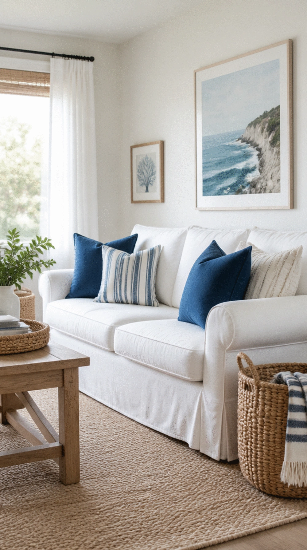 Small Living Room White Slipcovered Sofa With Navy Cushions That Nails the Hamptons Look
