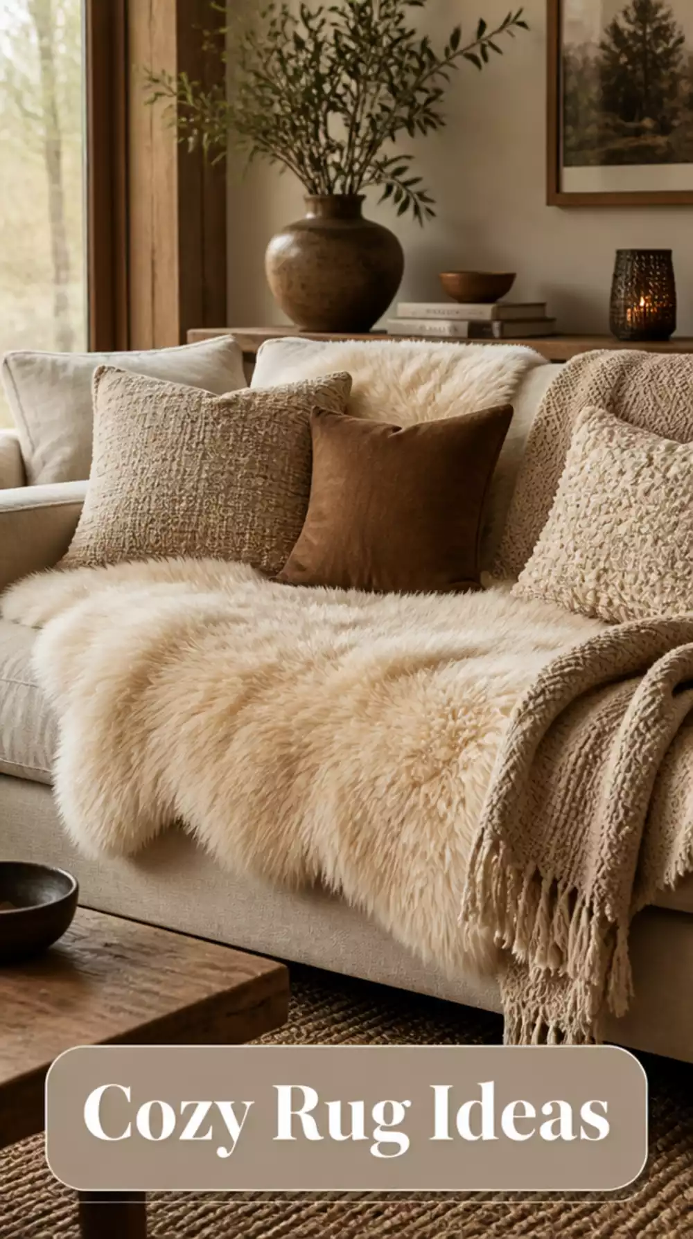 Living Room Sheepskin Rug Layered on the Sofa in a Small Hygge Space That Adds Tactile Warmth
