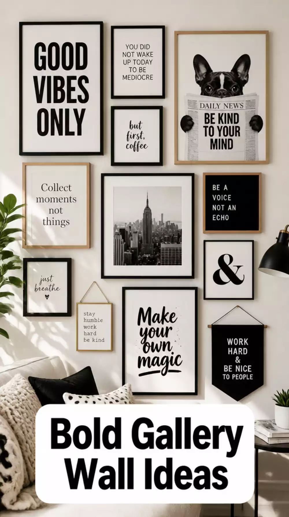 Small Living Room Monochrome Gallery Wall in a Tiny Space That Looks Bold and Intentional