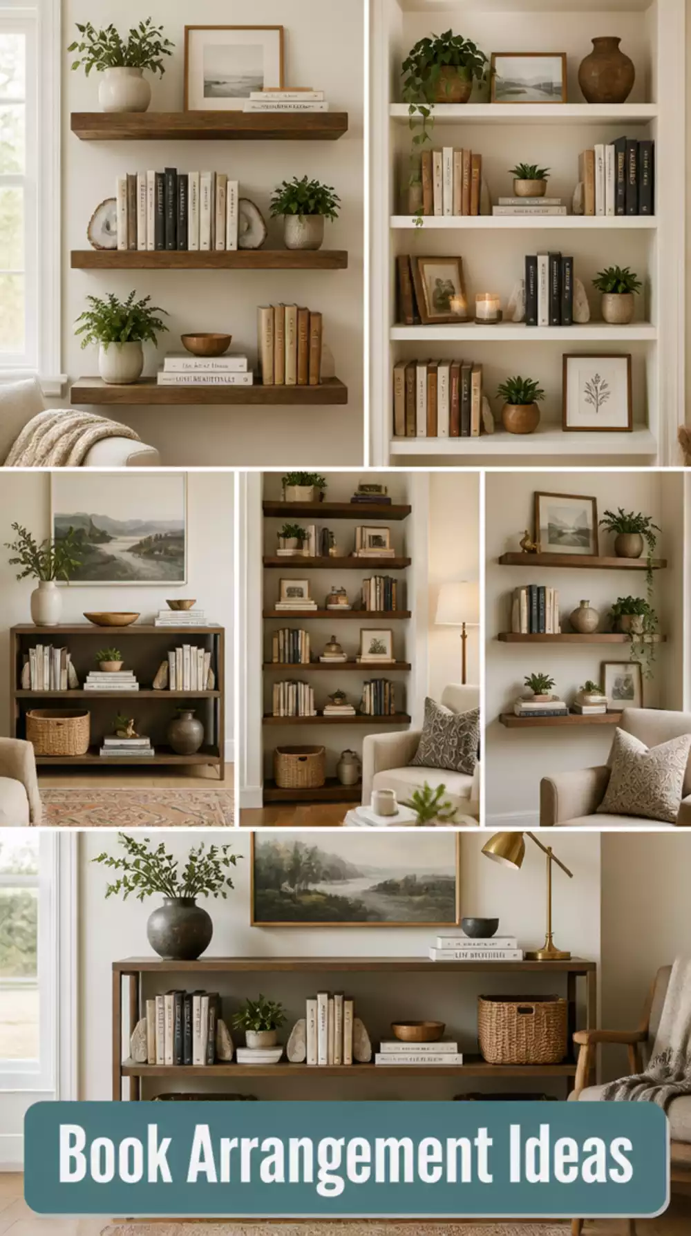 Living Room Open Shelf Book Arrangement in a Small Space That Mixes Horizontal and Vertical Stacks