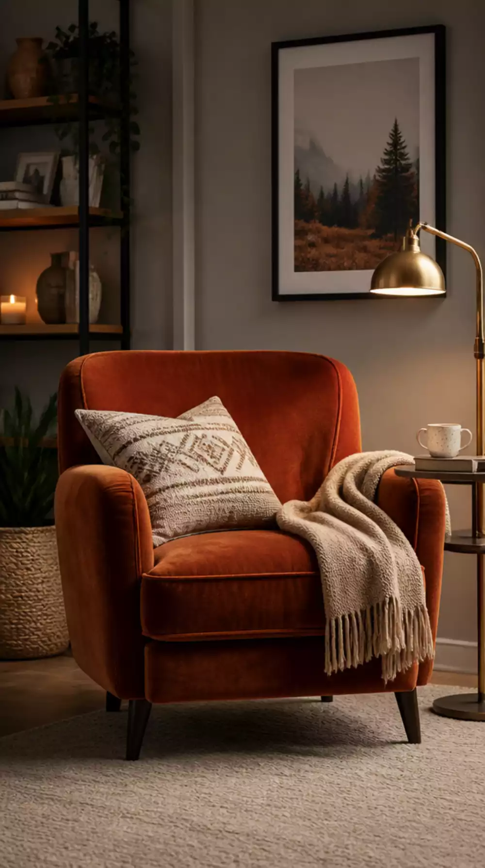 Small Living Room Rust Velvet Armchair in a Neutral Tiny Space That Acts as the Focal Point