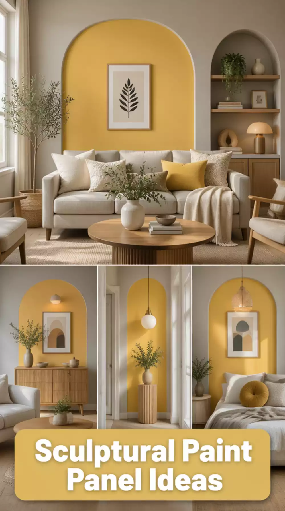 Small Living Room Arch-Framed Paint Panel on One Wall That Adds a Sculptural Tiny Space Feature