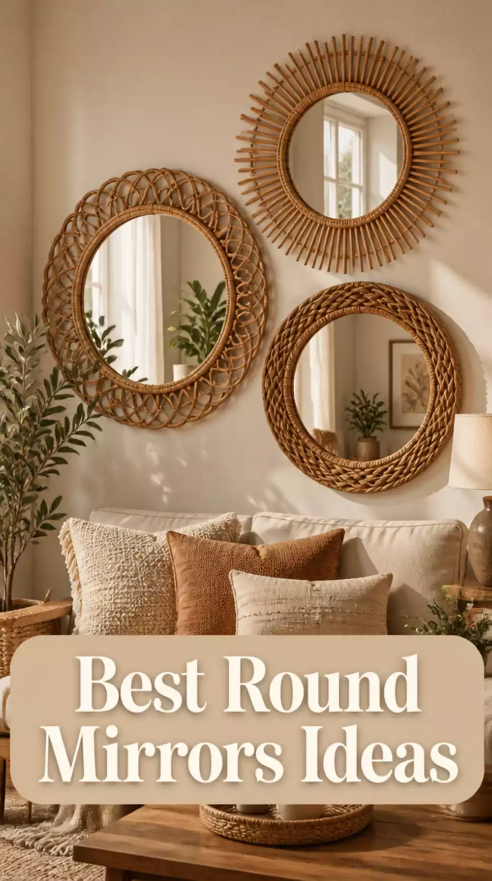 Living Room Round Wall Mirror in Rattan Frame That Adds Warmth to a Small Compact Space