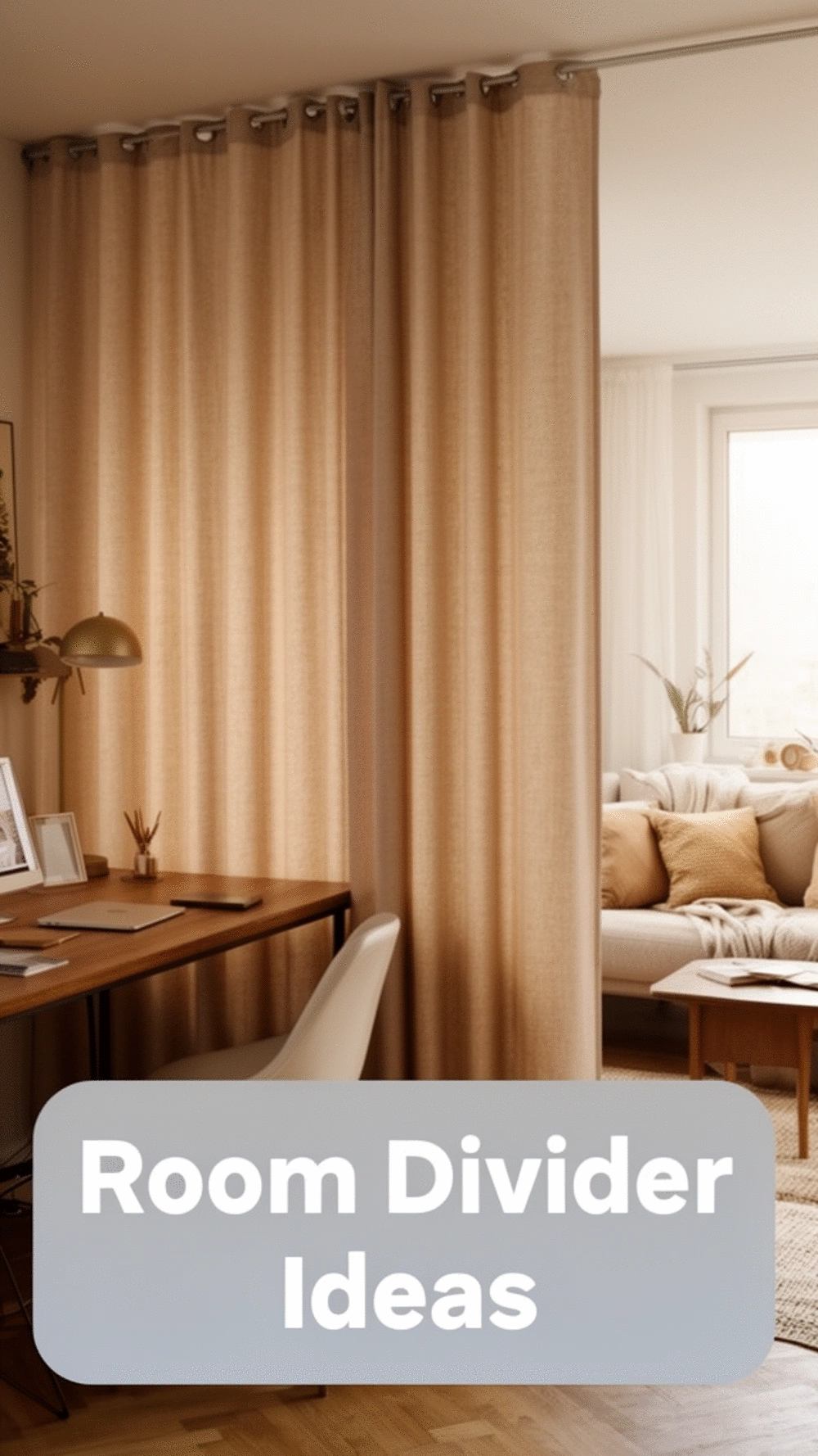 Living Room Room Divider Curtain That Screens the Desk from the Relaxation Zone