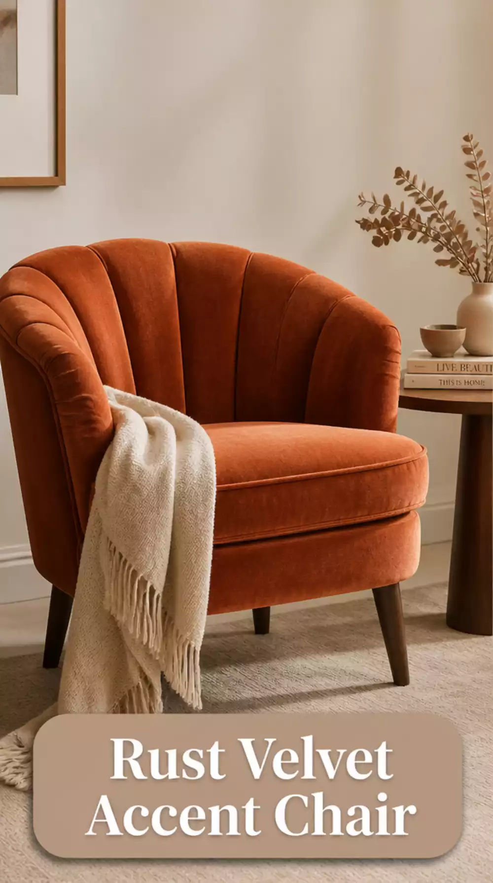 Small Living Room Accent Chair in Rust Velvet That Pops Against a Neutral Tiny Wall