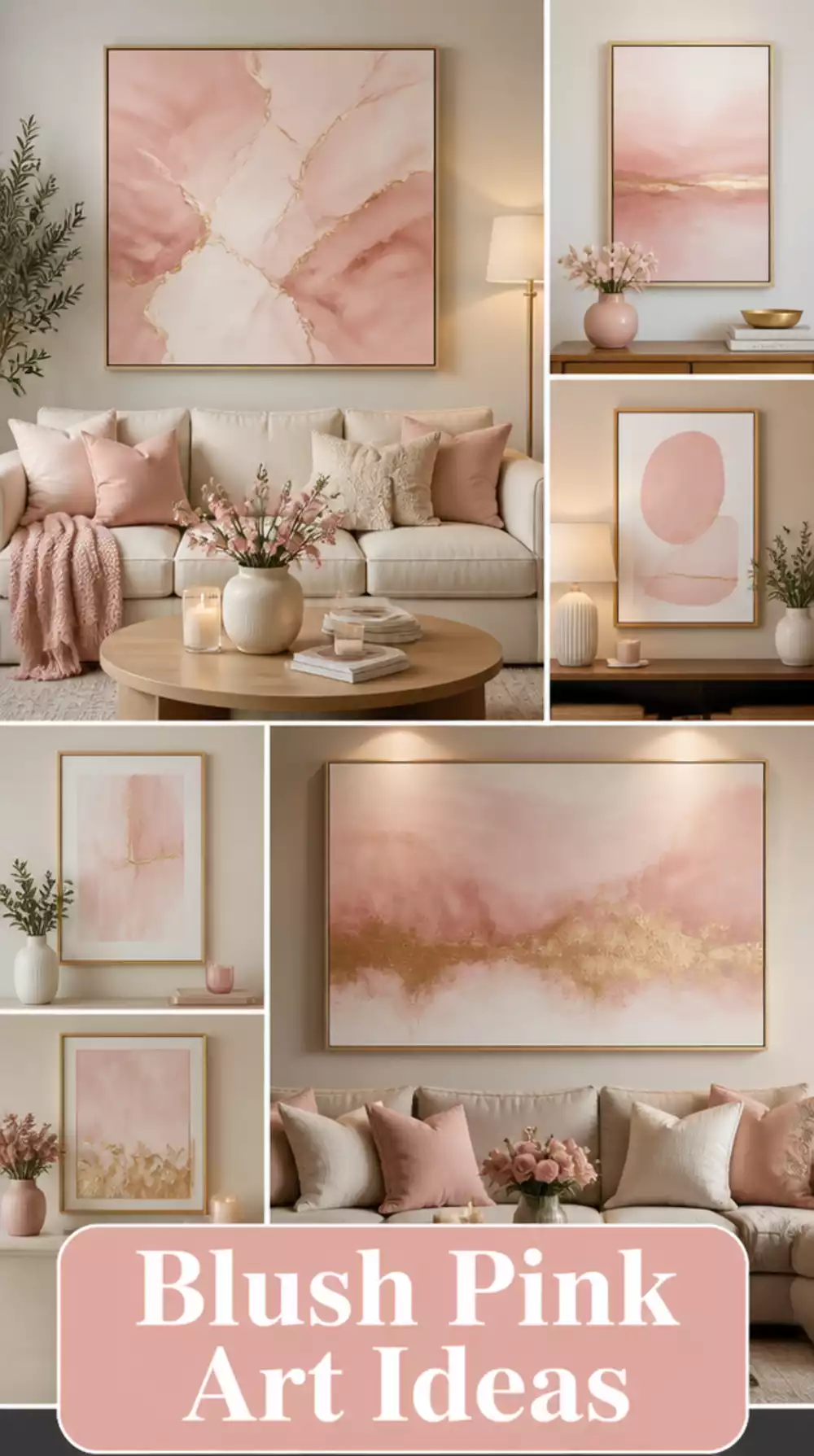 Living Room Blush Pink Abstract Art Print in a Small Space That Ties a Feminine Tiny Room Together