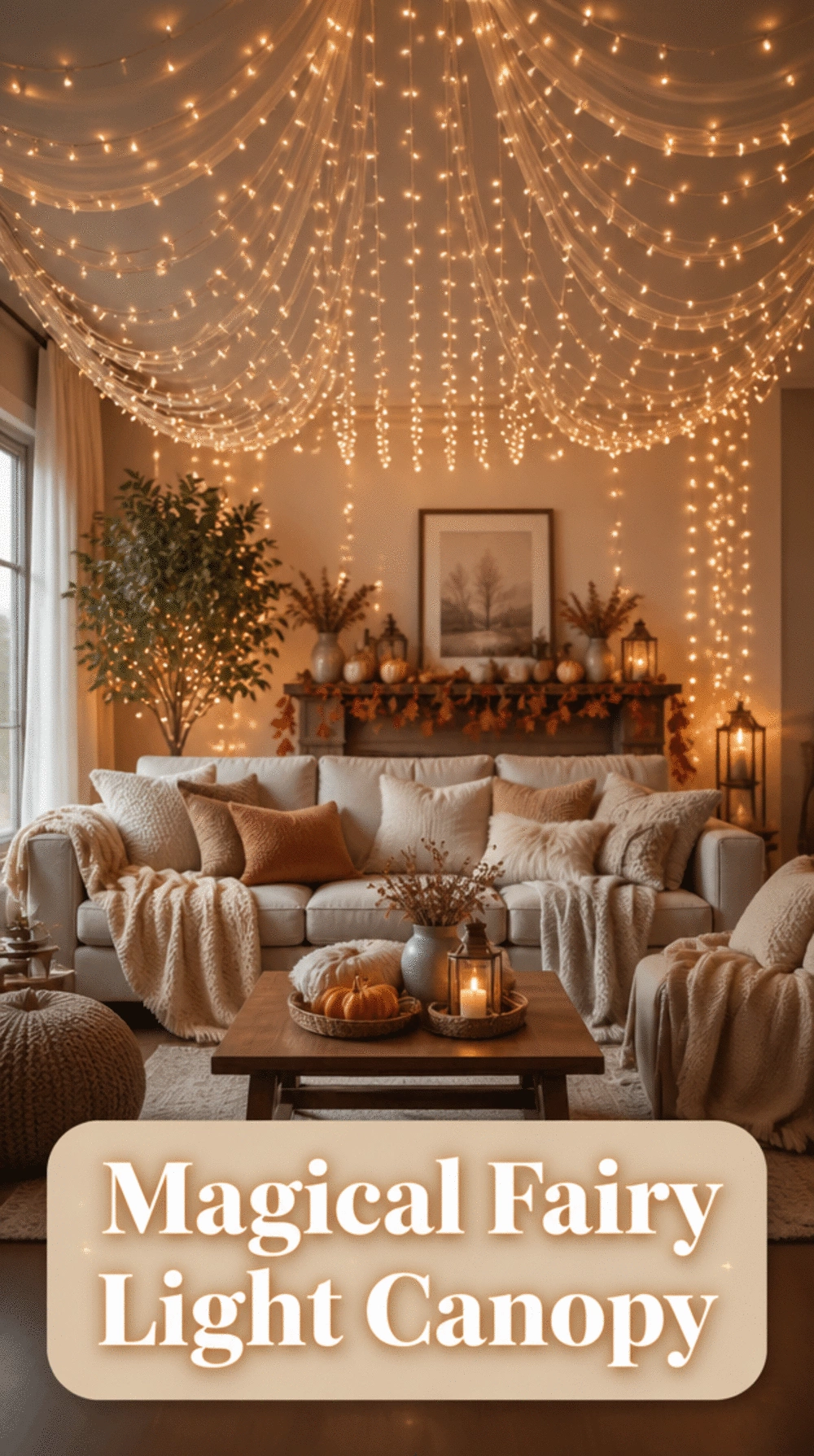 Small Living Room Fairy Light Canopy Above the Sofa That Makes a Tiny Space Feel Magical