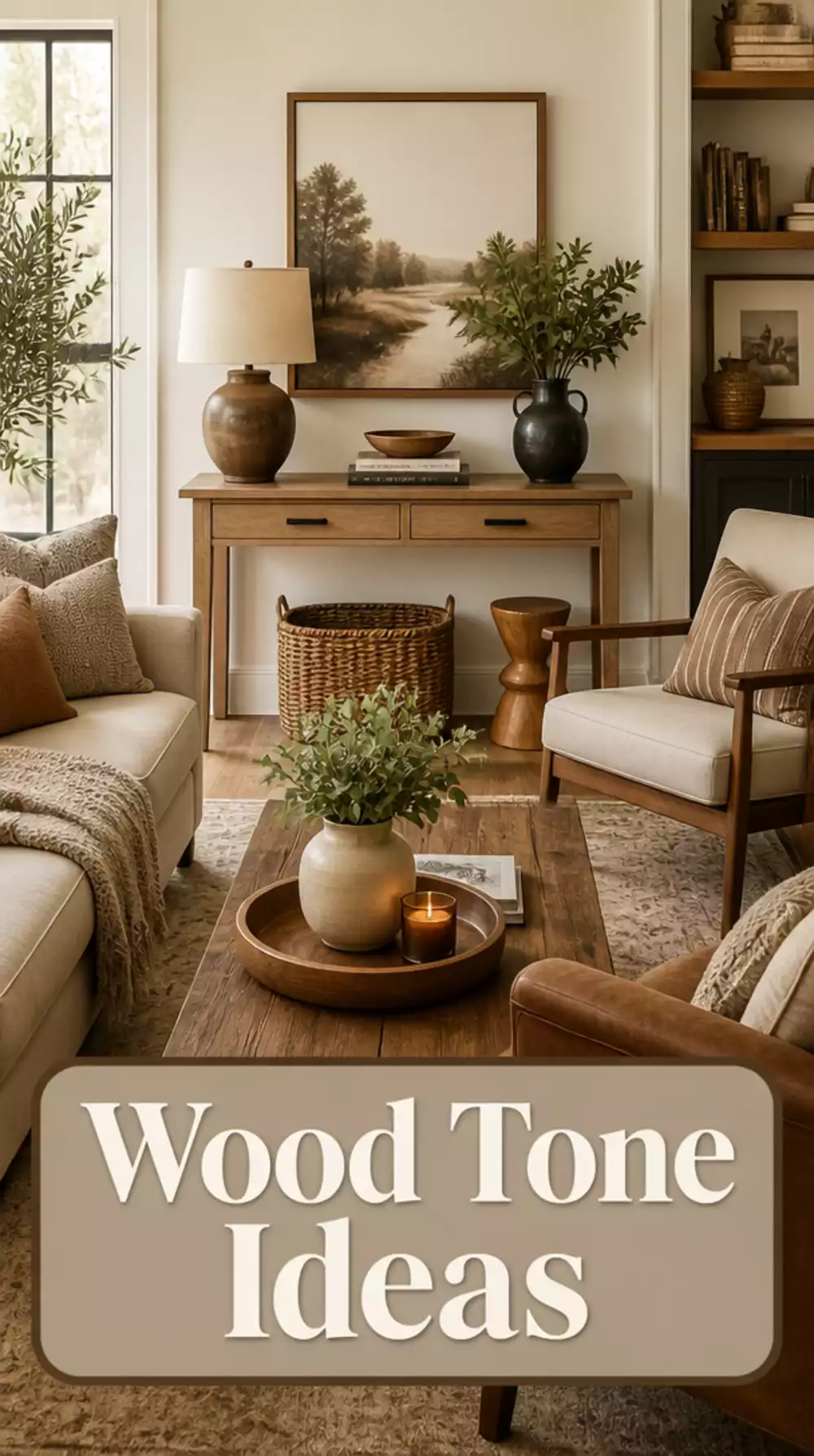 Living Room Mix of Wood Tones in a Small Transitional Space That Feels Curated Not Clashing