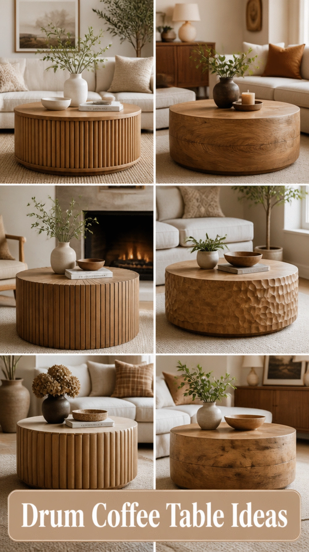 Living Room Drum Coffee Table in Natural Wood for a Warm Minimal Space