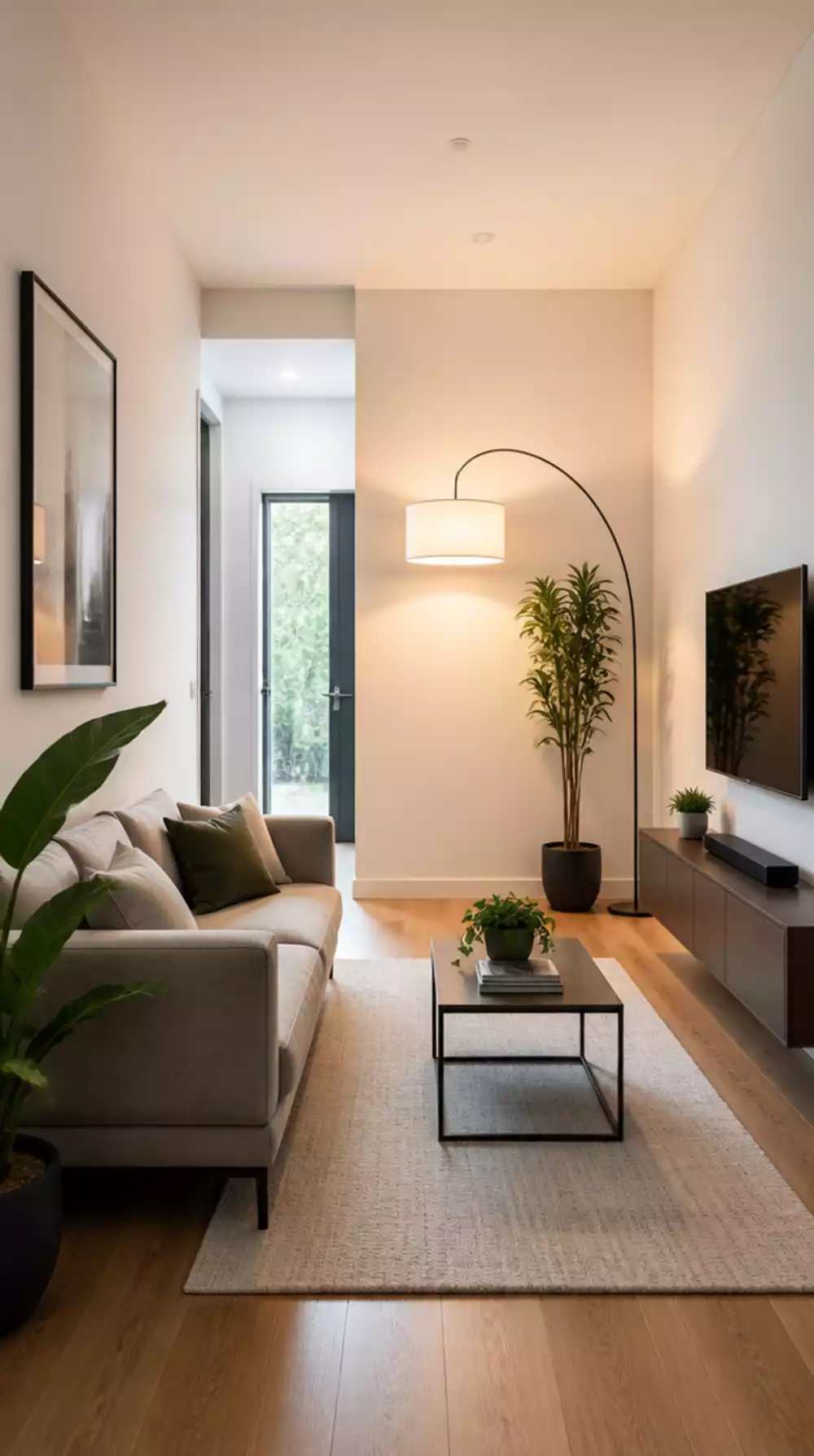 Narrow Living Room Floor Lamp in the Far Corner That Balances a Tiny Space