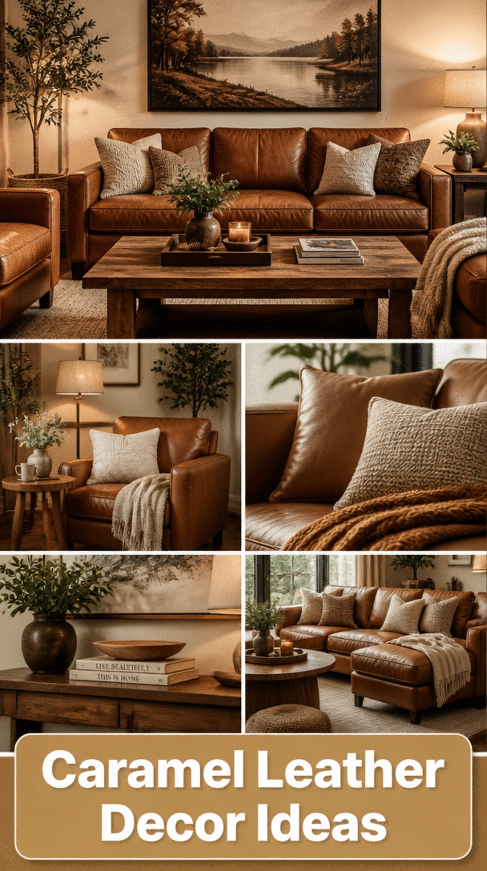 Living Room Tone-on-Tone Caramel Leather and Timber in a Small Space That Glows With Warmth