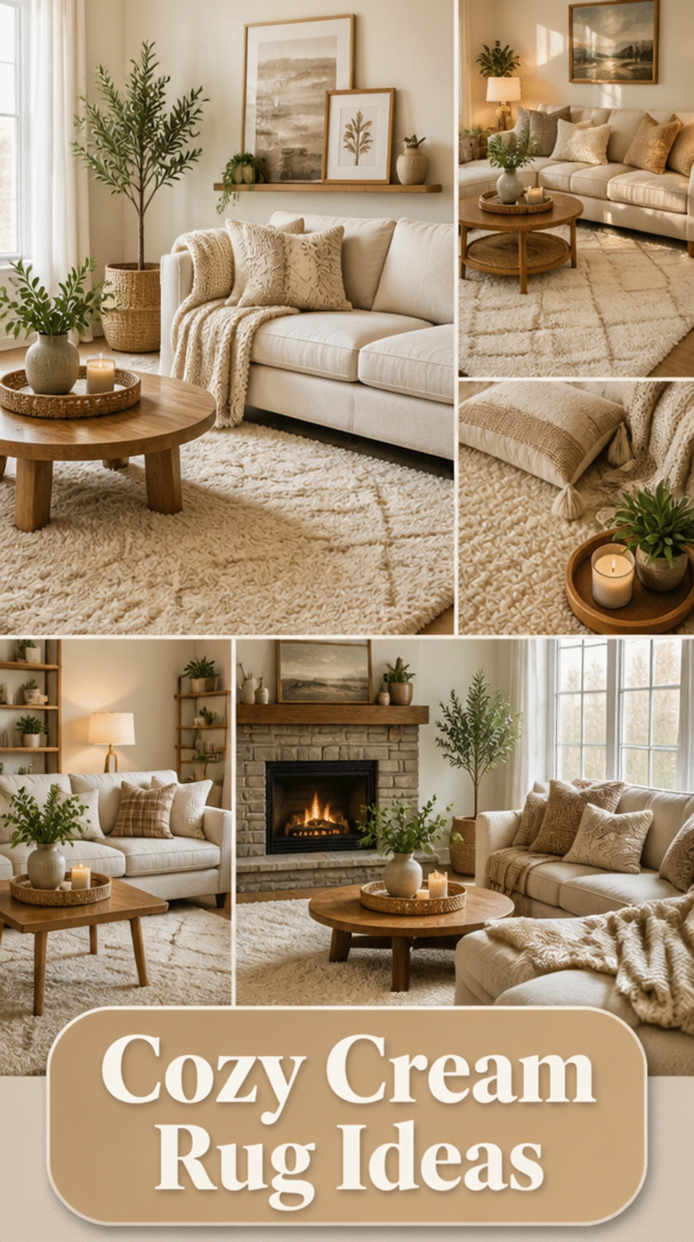 Small Living Room Monochrome Rug in Varying Cream Tones That Anchors a Tiny Neutral Space