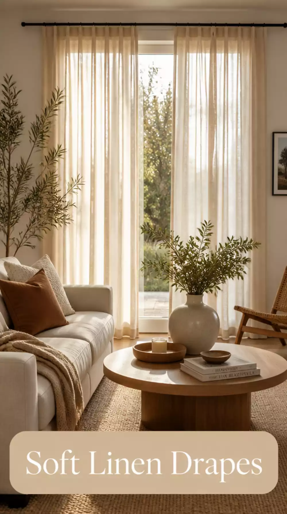 Living Room Linen Drape in Natural Flax for a Small Organic Modern Space That Feels Soft