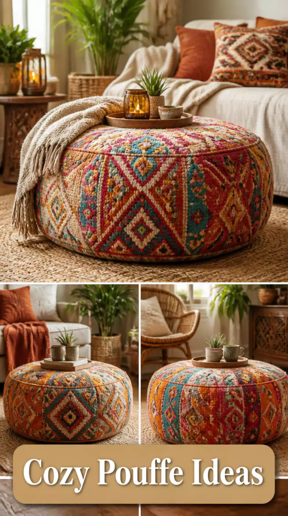 Living Room Oversized Round Pouffe as a Coffee Table in a Small Boho Space That Seats Guests Too