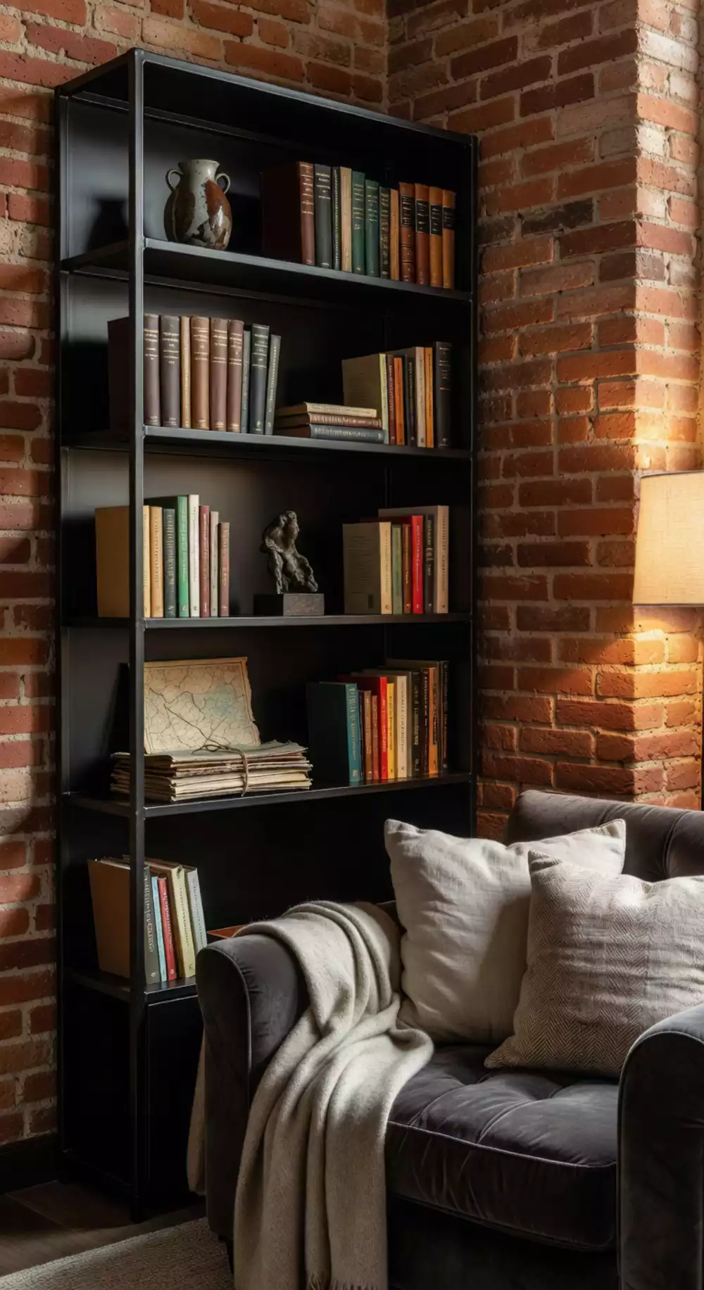 Small Living Room Matte Black Metal Shelving Unit That Adds Industrial Edge to a Tiny Space