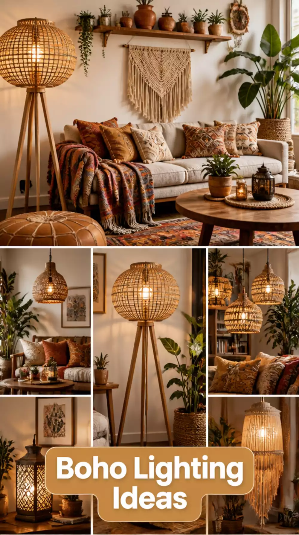Small Living Room Rattan Floor Lamp Shade That Diffuses Warm Glow in a Boho Tiny Room