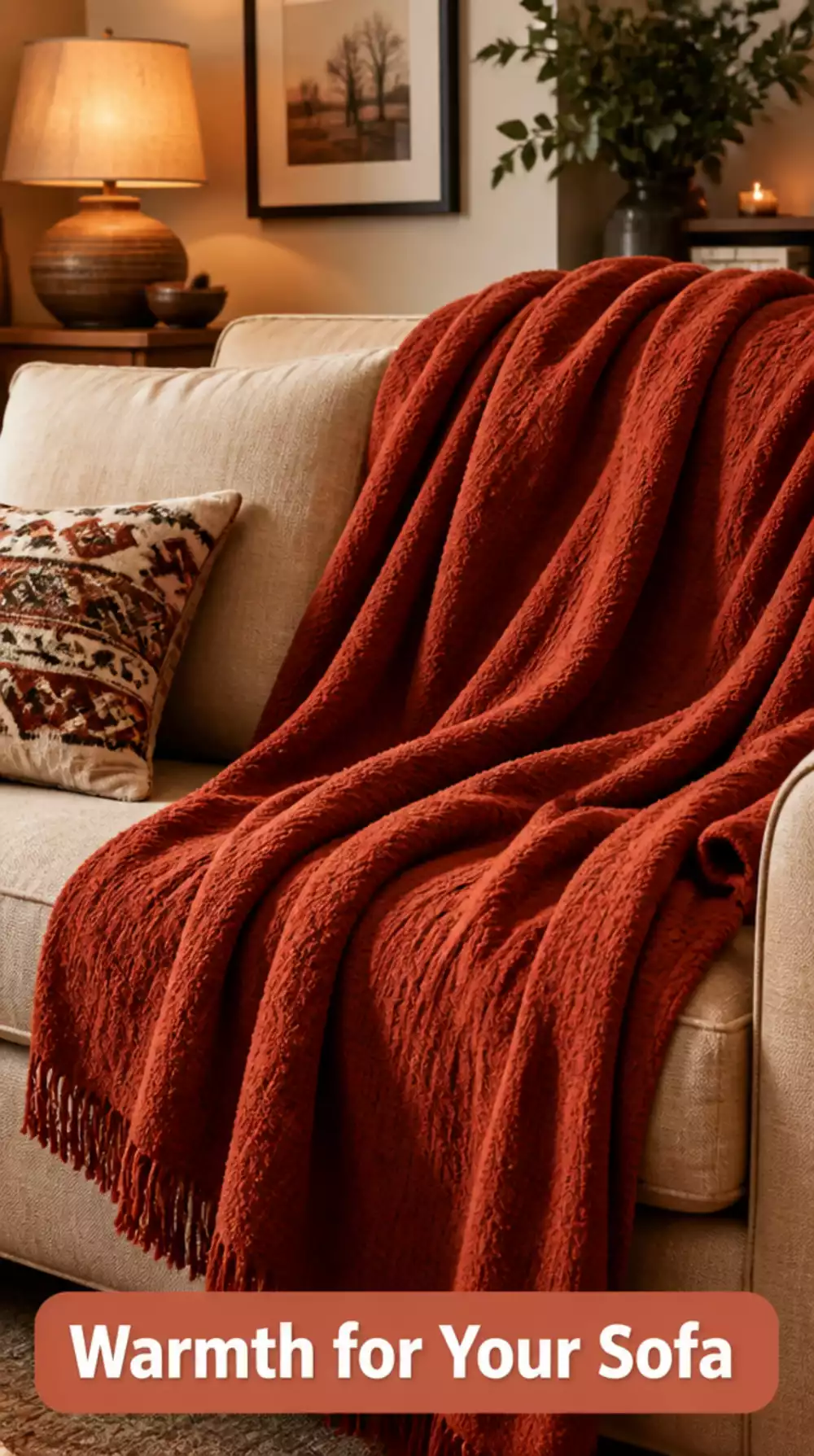 Small Living Room Deep Paprika Throw Blanket That Layers Warmth Onto a Neutral Tiny Sofa