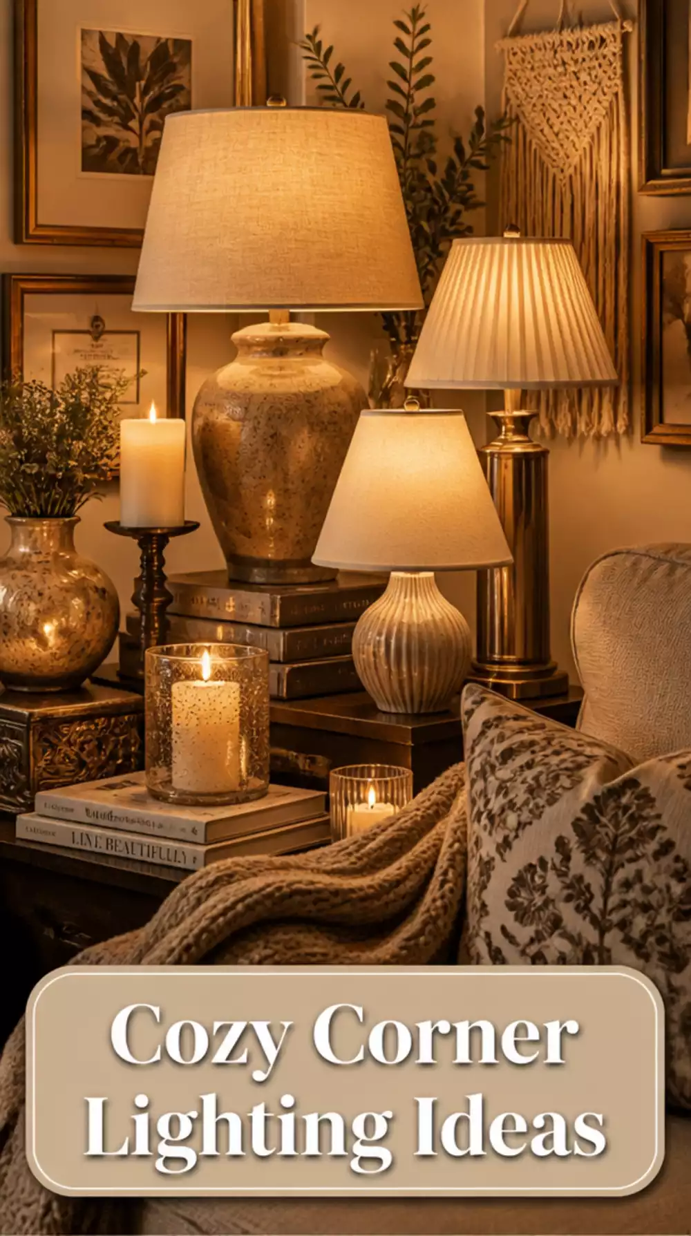 Living Room Clustered Table Lamp and Candle Arrangement in a Small Maximalist Corner